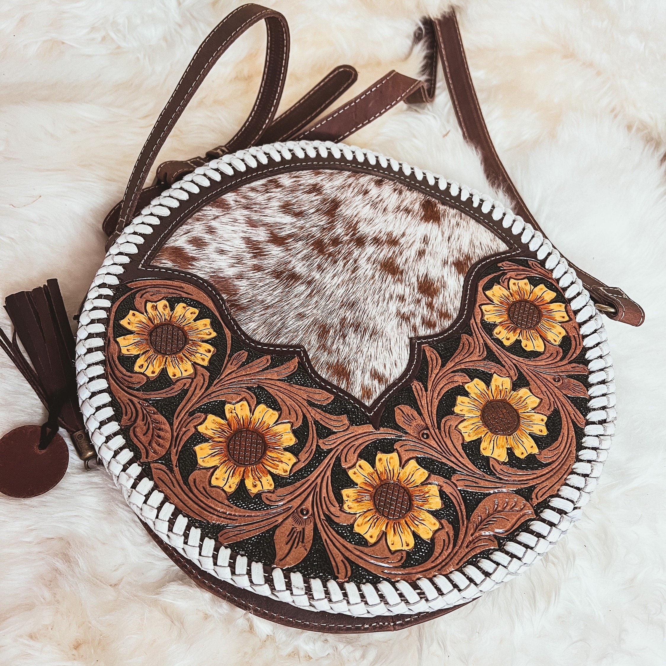 Custom Branded Cowhide tooled Leather Western Daisy with white whipstitch Round Crossbody Purse Initials Monogram Farm or Cow Brand
