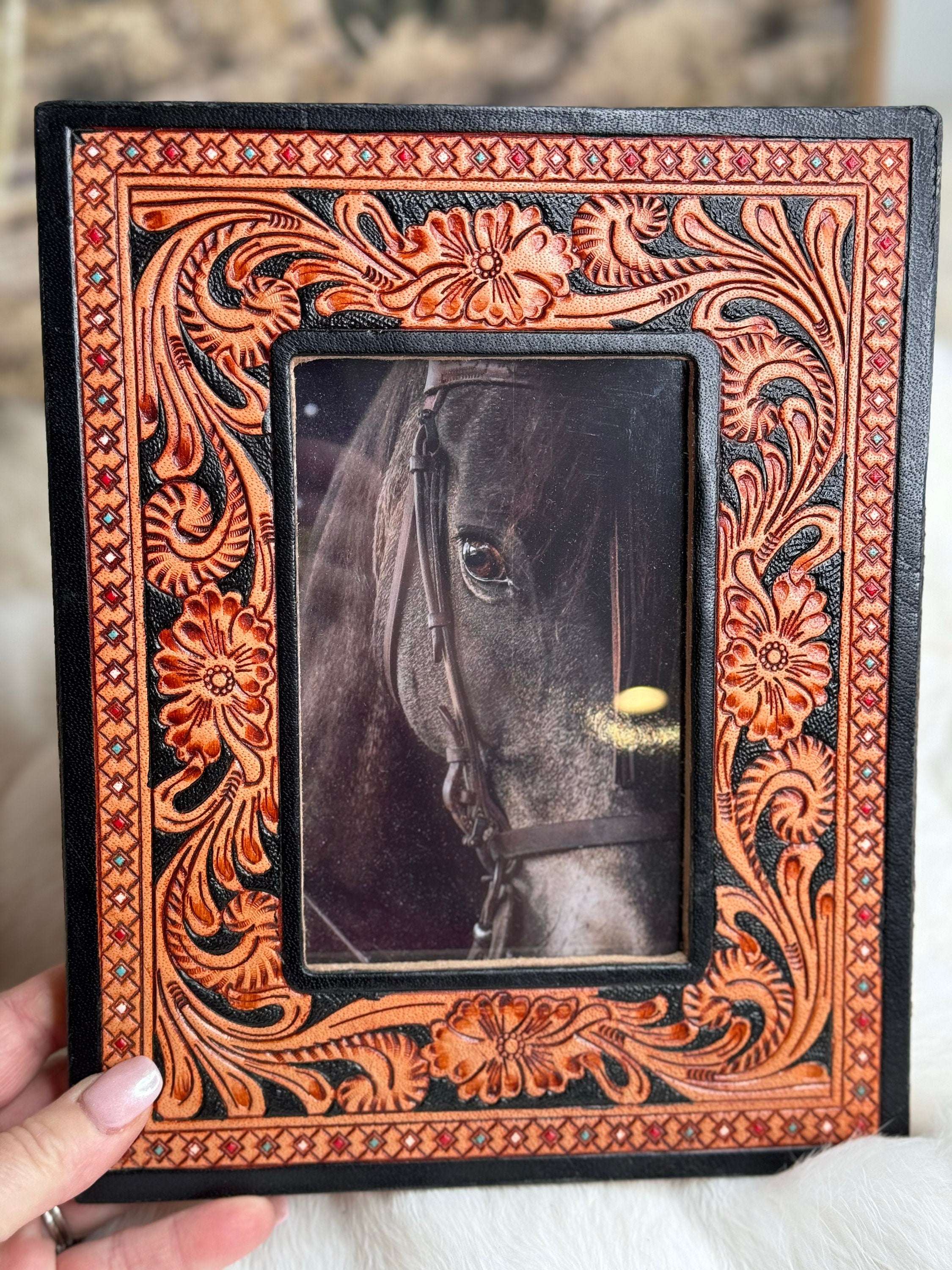 Black Tooled Leather Photo Frame Western Cowgirl Cowboy Wedding, Christmas, Graduation Gift Bridal Shower New Baby Mothers Fathers Day