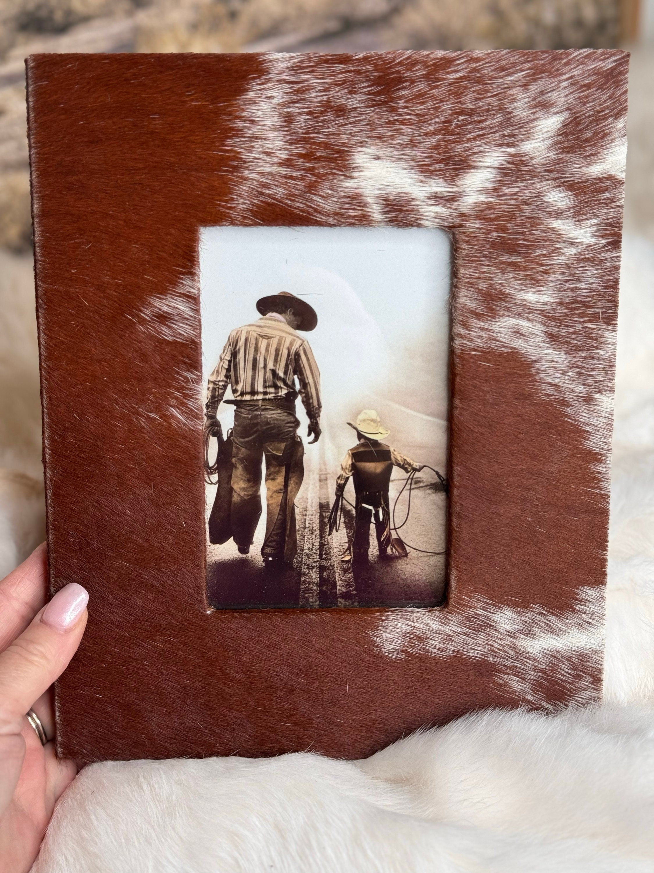 Brown & White Cowhide Photo Frame Western Cowgirl Cowboy Wedding, Christmas, Graduation Gift Bridal Shower New Baby Mothers Fathers Day