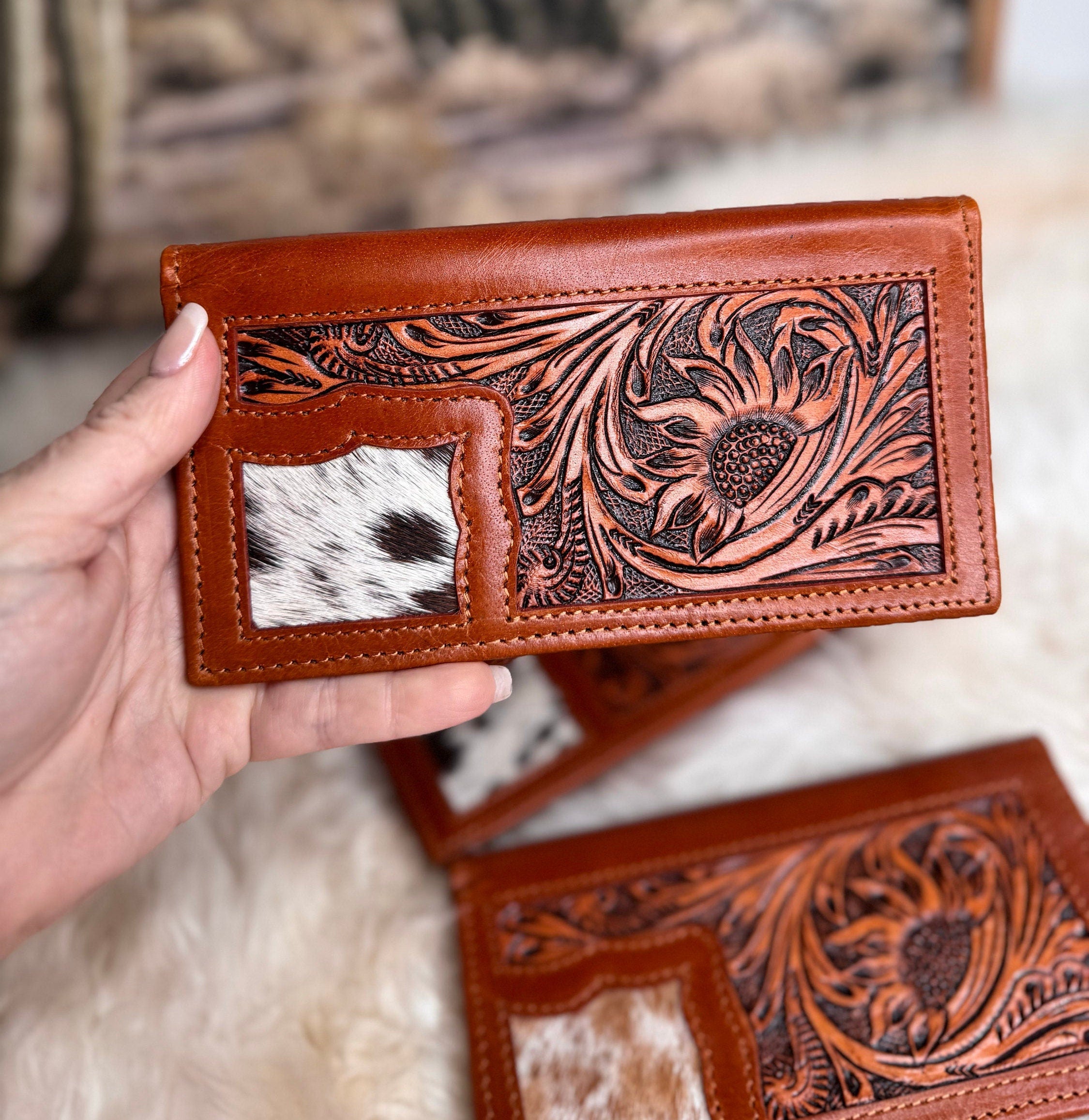 Custom Branded Checkbook style Wallet, Mens or Women's, Western Wallet, Cowhide, Tooled Leather, Gifts for Dad, Farm Brand, Cattle Brand