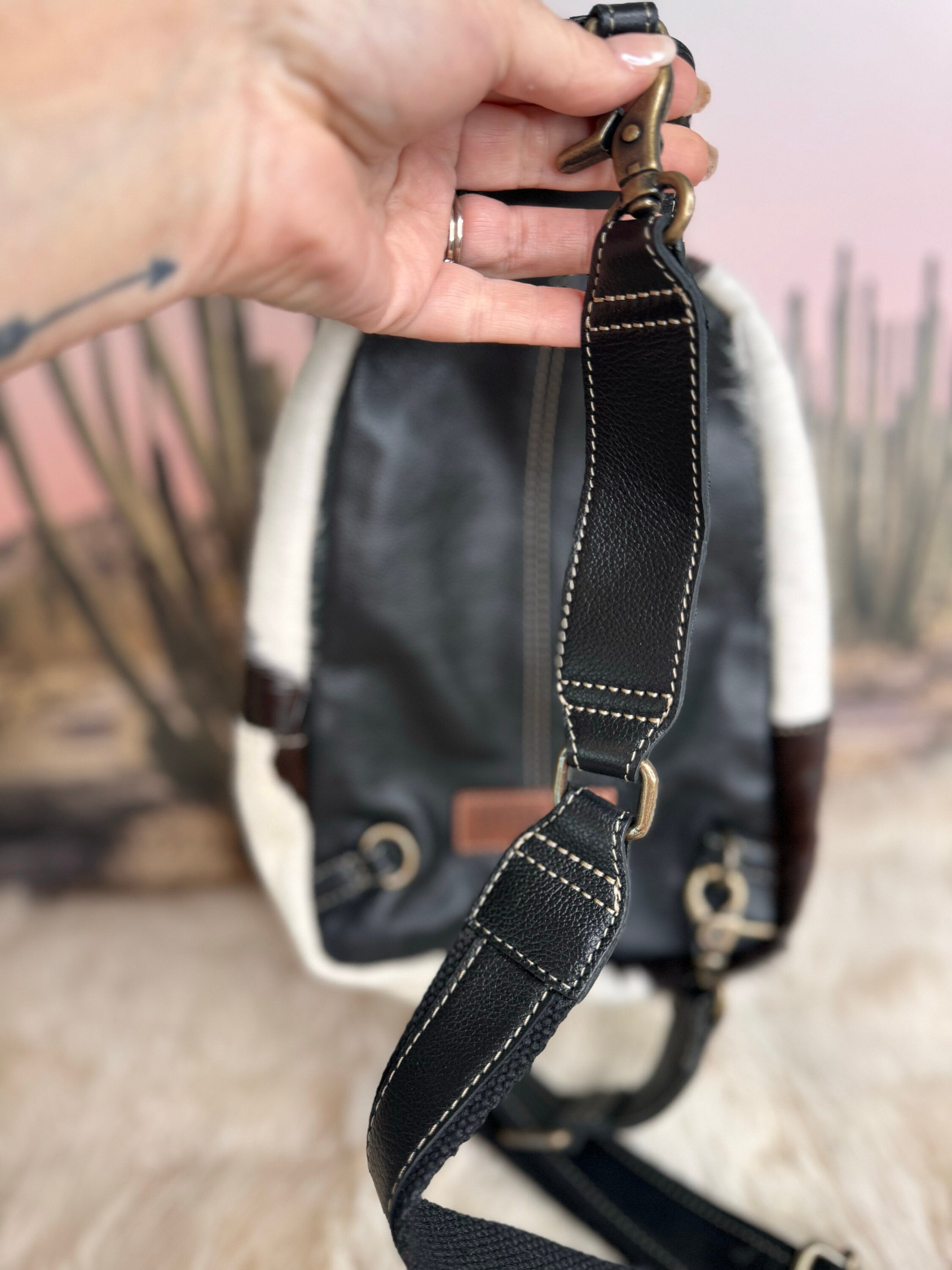 Custom Branded Black and White Cowhide Sling Bag, Crossbody Bag, Small Purse, Western Style, Farm Brand, Name, Initials, Personalized Gift