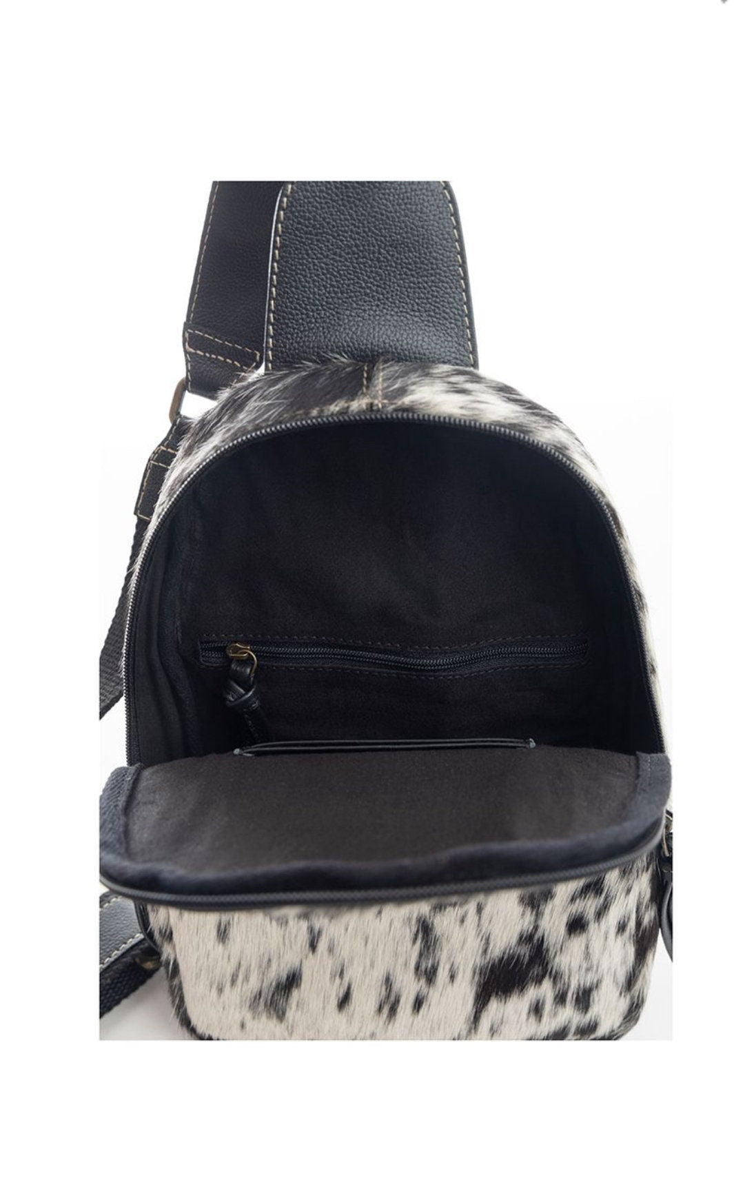 Custom Branded Black and White Cowhide Sling Bag, Crossbody Bag, Small Purse, Western Style, Farm Brand, Name, Initials, Personalized Gift