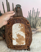 Custom Branded Brown and White Cowhide Tooled Leather Sling Bag, Crossbody Bag, Small Purse, Farm Brand, Name, Initials, Personalized Gift