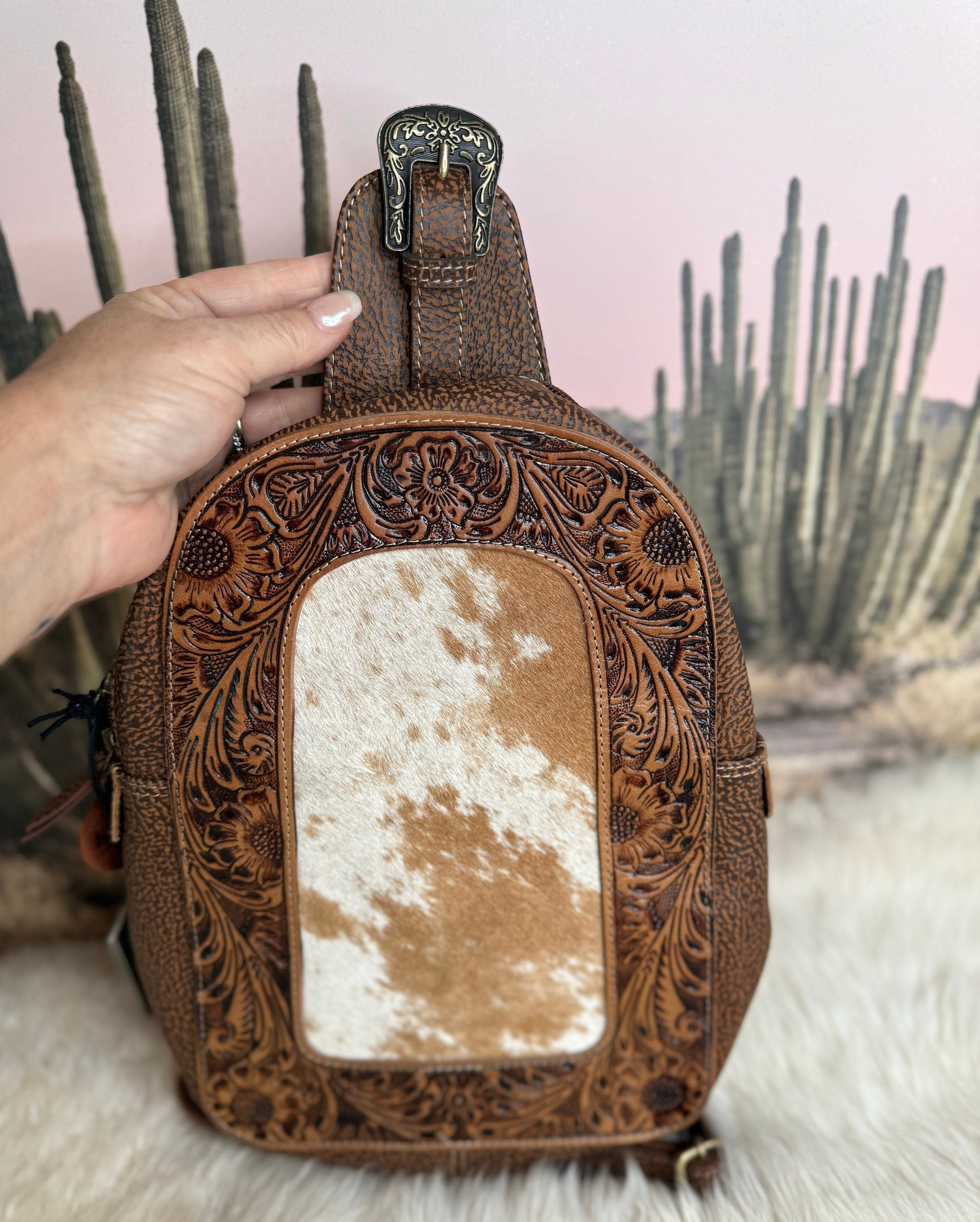 Custom Branded Brown and White Cowhide Tooled Leather Sling Bag, Crossbody Bag, Small Purse, Farm Brand, Name, Initials, Personalized Gift