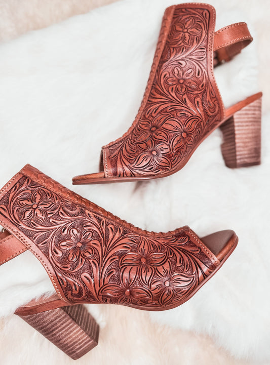 Tooled Leather Heels Sandals, Dress Shoes, High Heels, Western sandals, Wedding, Prom Shoes