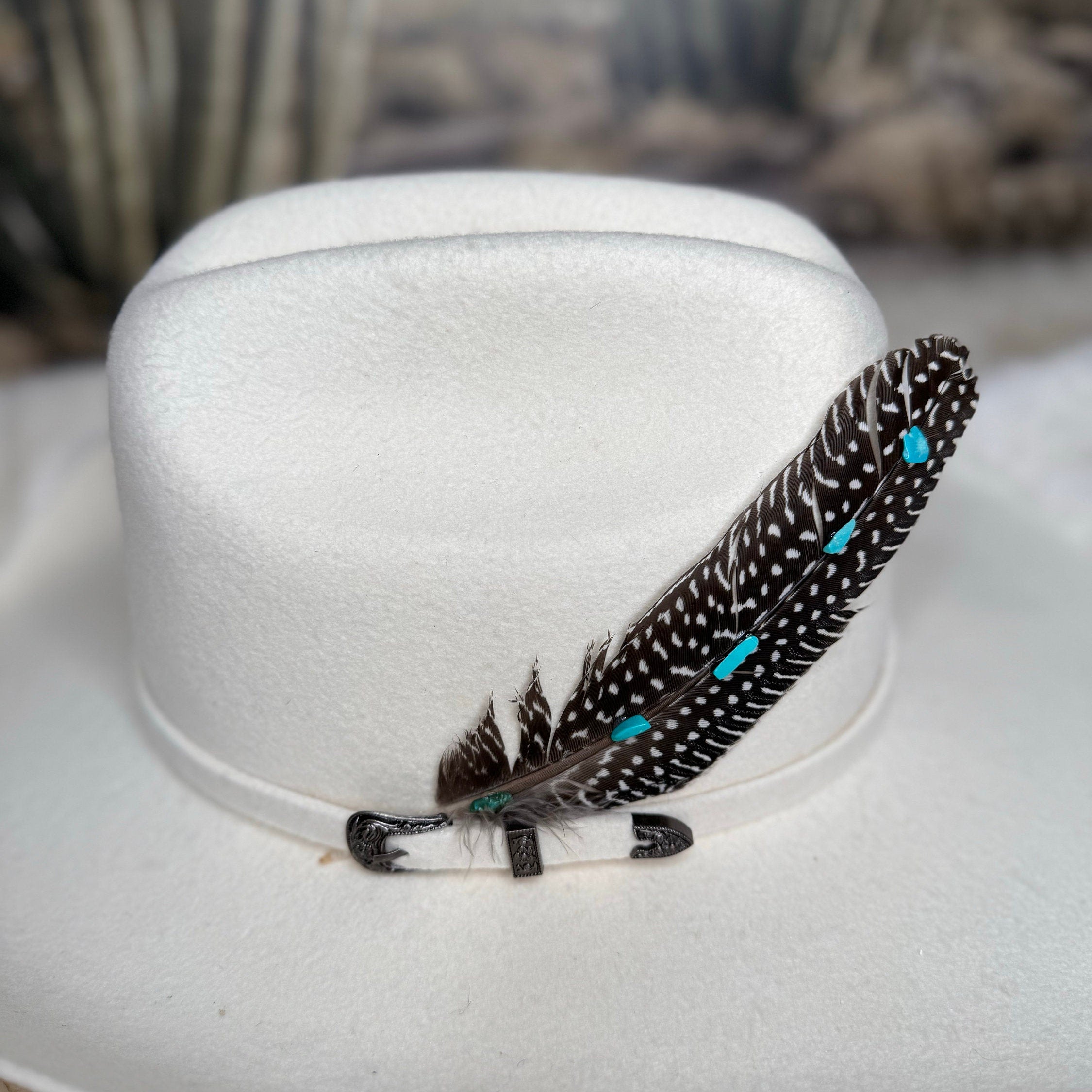 Genuine Turquoise stones on Guinea feather, Hat Feather, Decorated Hat Feather, Cowboy Hat Accessories, Cowboy Hat Feather, Natural Feather