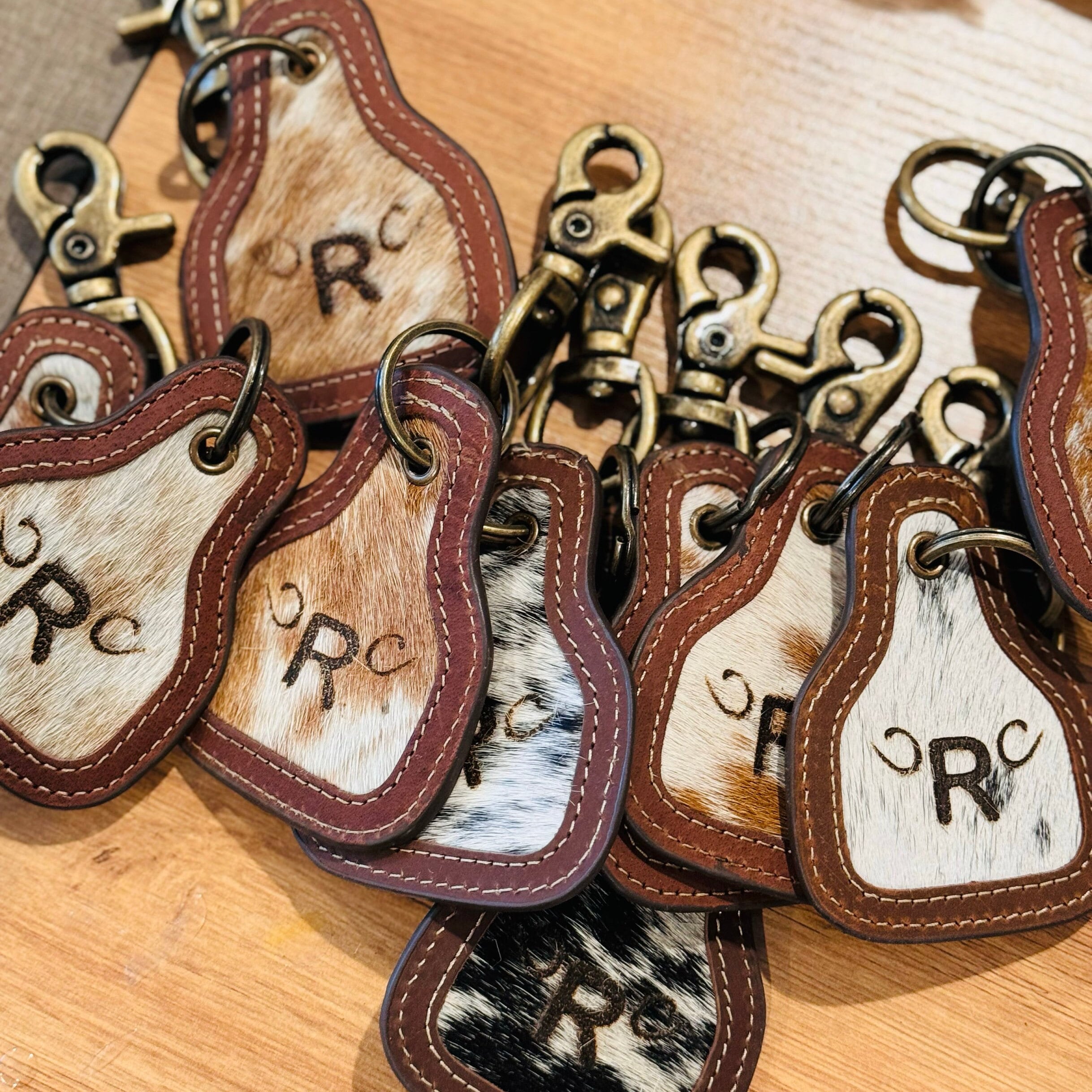 Custom Branded Cowhide Key Fob, Bag Purse Charm, Farm Brand, Name, Initials, Black & White Cowhide Brown White Cow Print Grad Mom Dad Gift