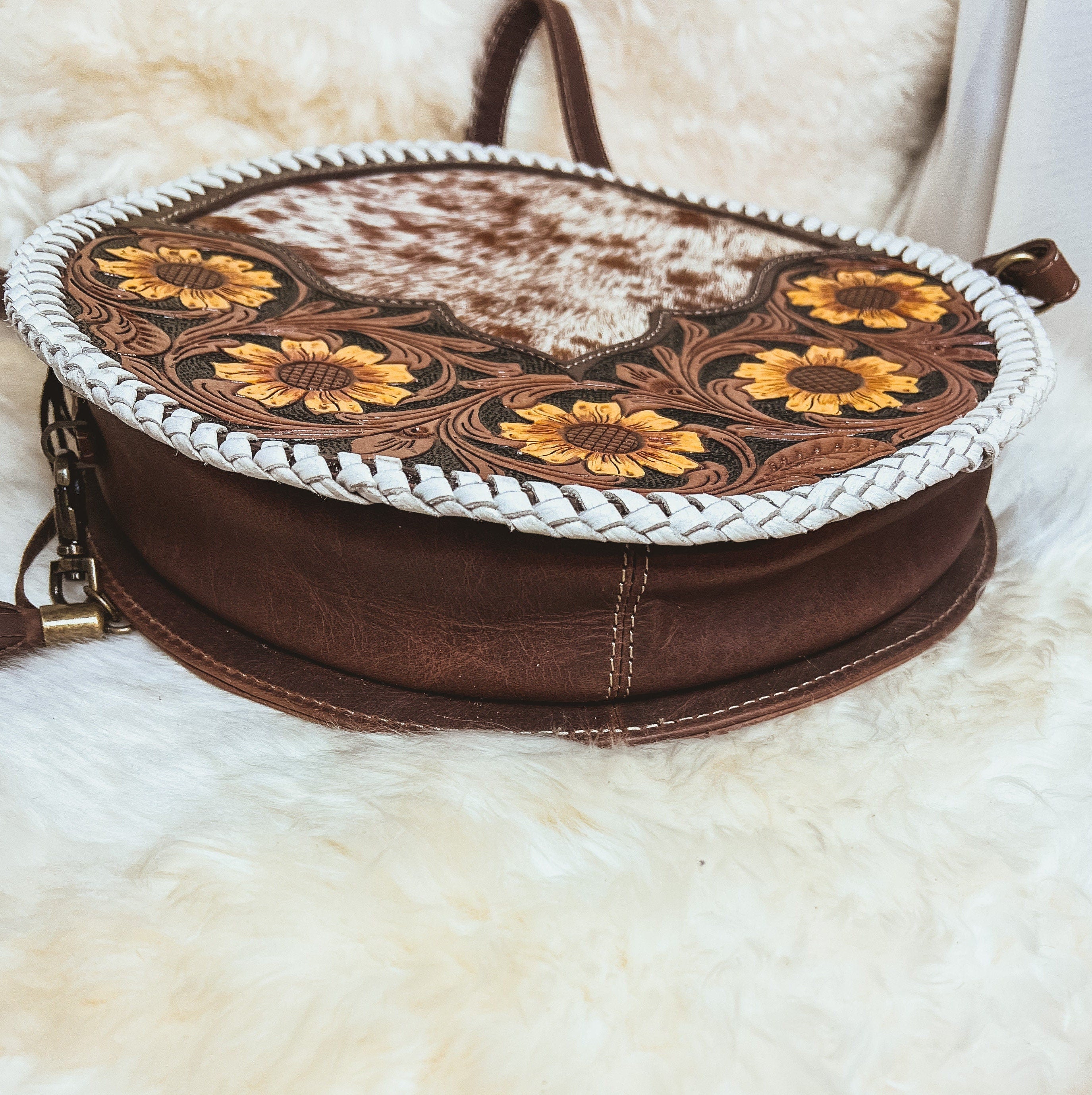 Custom Branded Cowhide tooled Leather Western Daisy with white whipstitch Round Crossbody Purse Initials Monogram Farm or Cow Brand