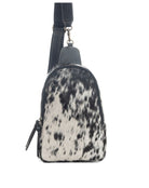 Custom Branded Black and White Cowhide Sling Bag, Crossbody Bag, Small Purse, Western Style, Farm Brand, Name, Initials, Personalized Gift