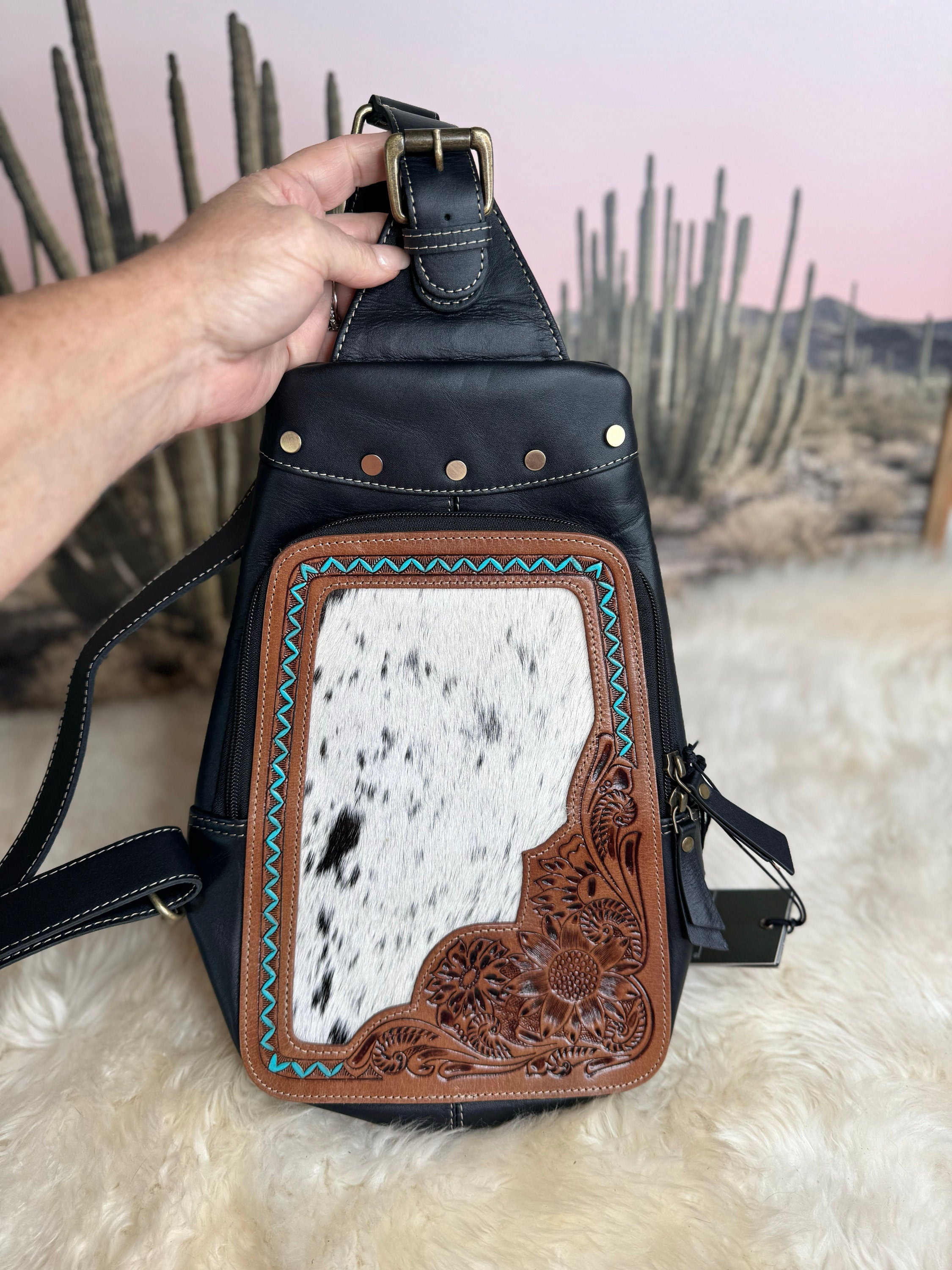Custom Branded Black and White Cowhide Turquoise Tooled Leather Sling Bag, Crossbody Bag, Farm Brand, Name, Initials, Personalized Gift