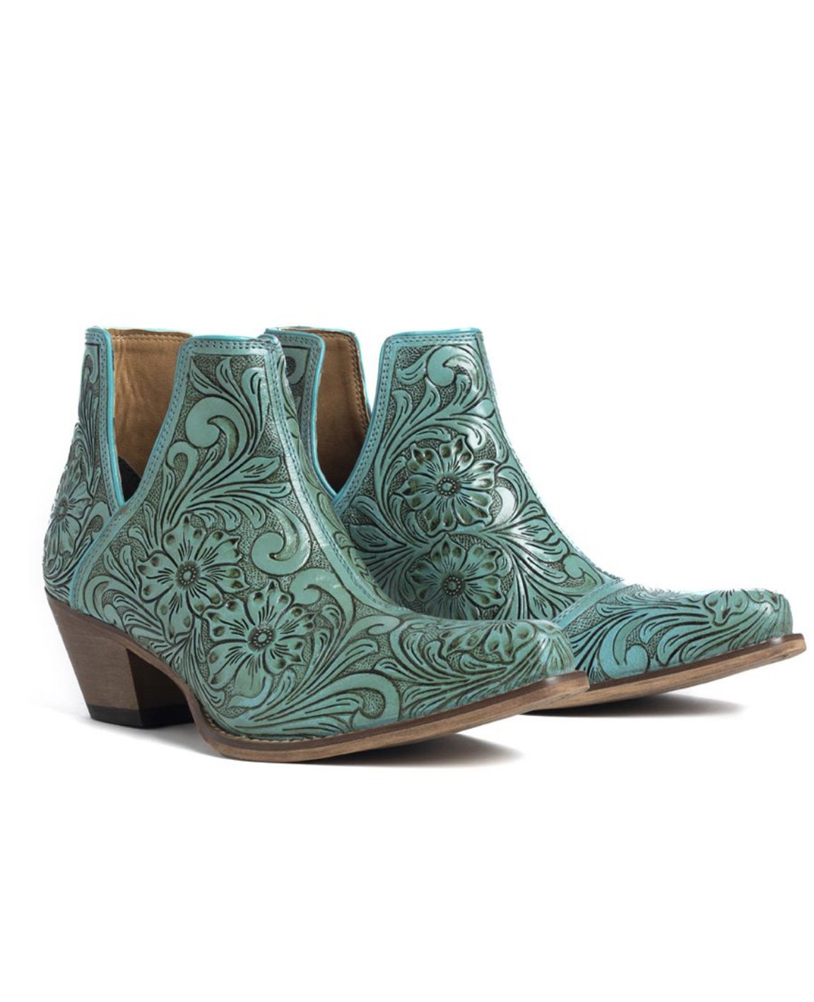 Western Tooled Leather Bootie Ankle Boots Turquoise Cowgirl Boots Tooled leather Bootie Boot Wedding Boot Bridal Boot