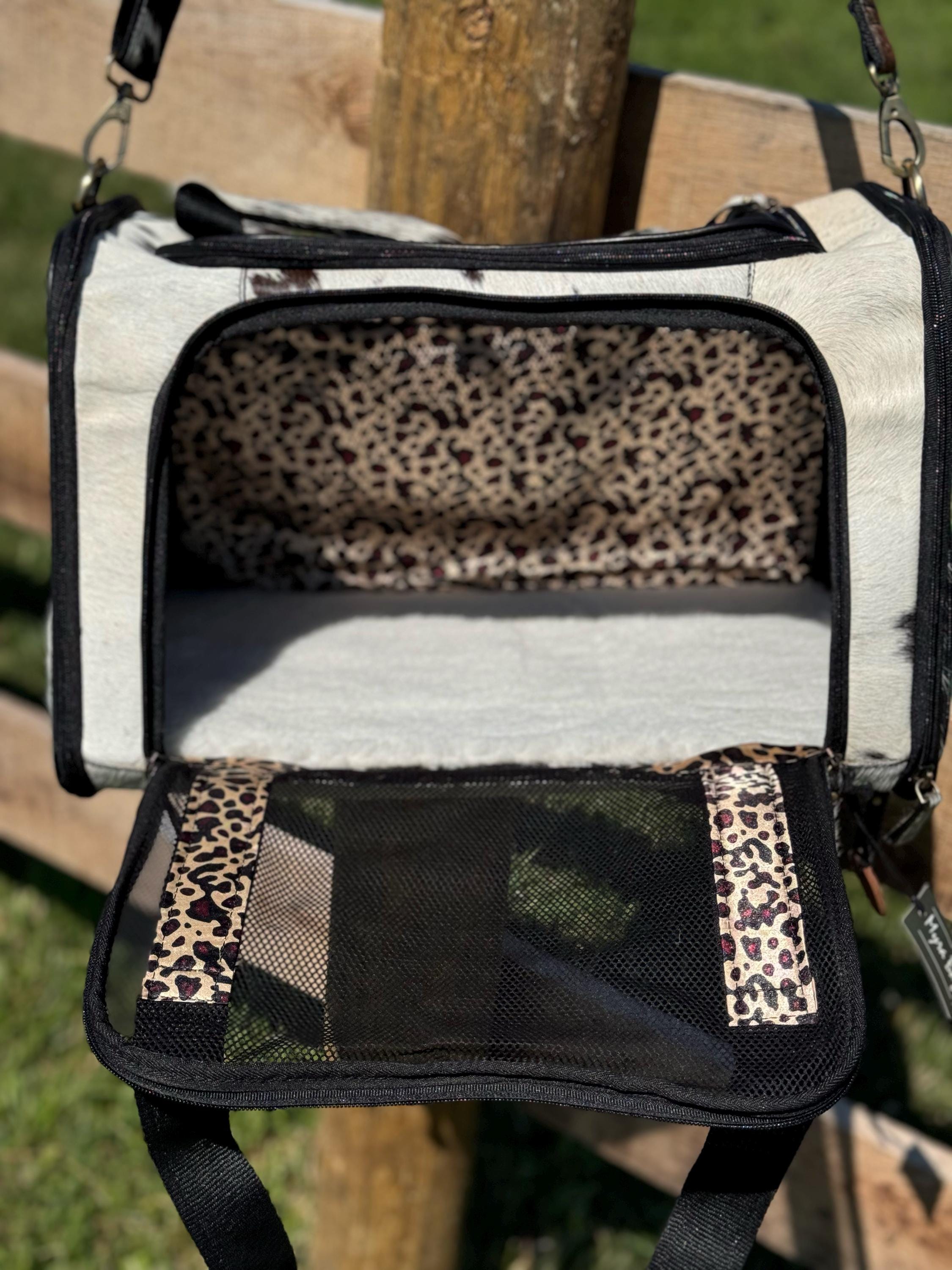Custom Branded with your Pets Name or Farm Brand Brown & White Cowhide Pet Carrier, Dog Carrier, Cat Carrier, Small Animal Carrier Pet Taxi