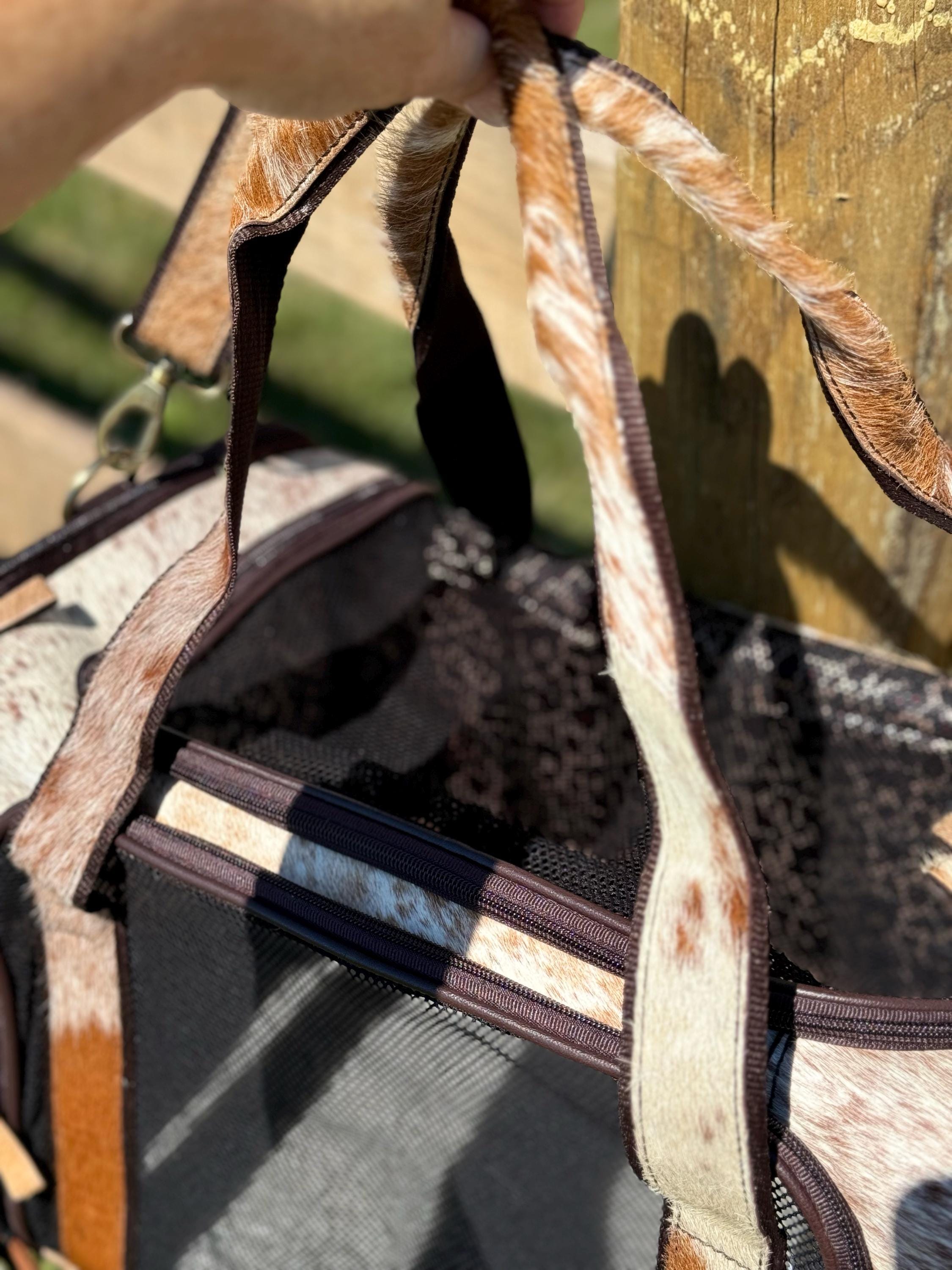 Custom Branded with your Pets Name or Farm Brand Brown & White Cowhide Pet Carrier, Dog Carrier, Cat Carrier, Small Animal Carrier Pet Taxi