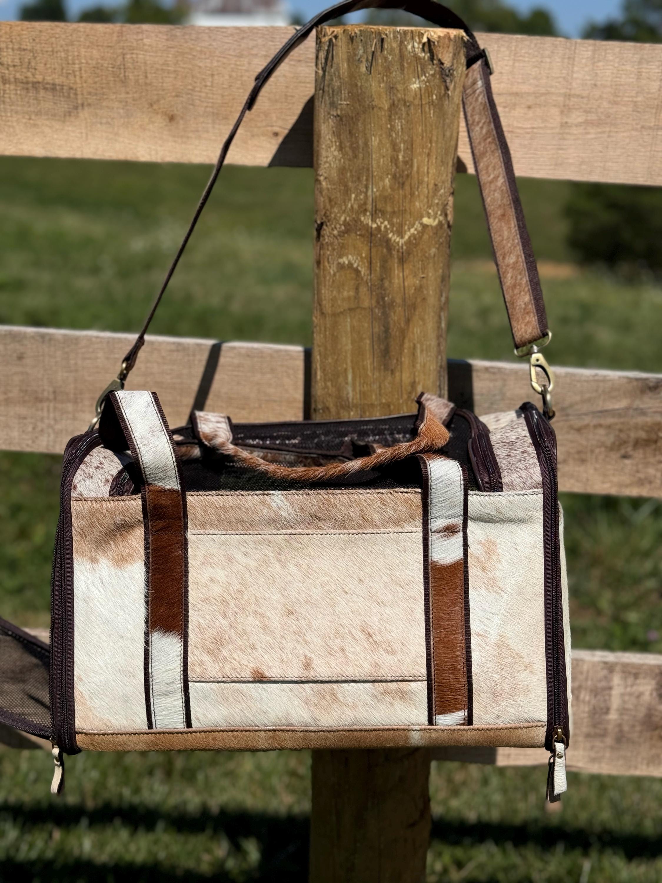 Custom Branded with your Pets Name or Farm Brand Brown & White Cowhide Pet Carrier, Dog Carrier, Cat Carrier, Small Animal Carrier Pet Taxi