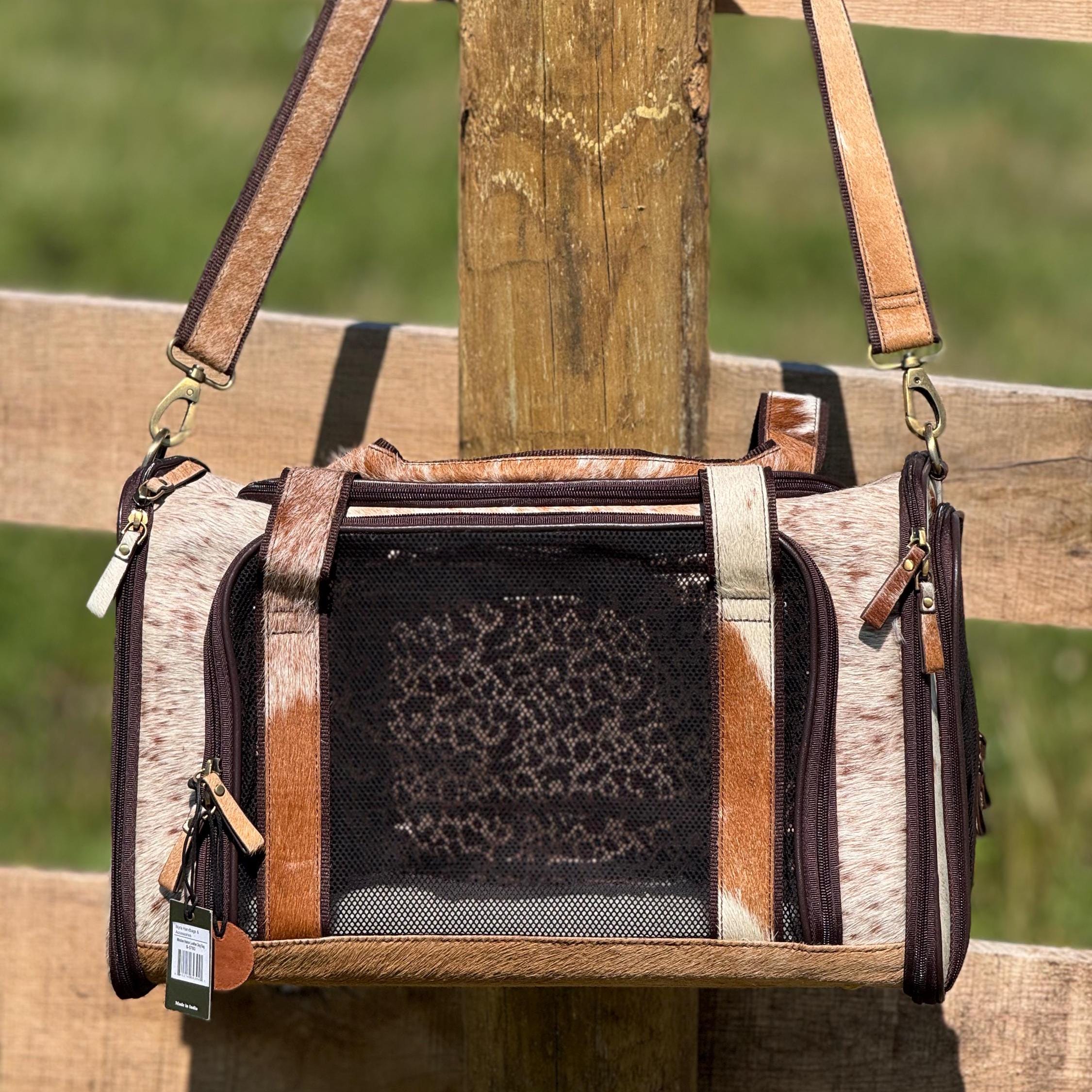 Custom Branded with your Pets Name or Farm Brand Brown & White Cowhide Pet Carrier, Dog Carrier, Cat Carrier, Small Animal Carrier Pet Taxi