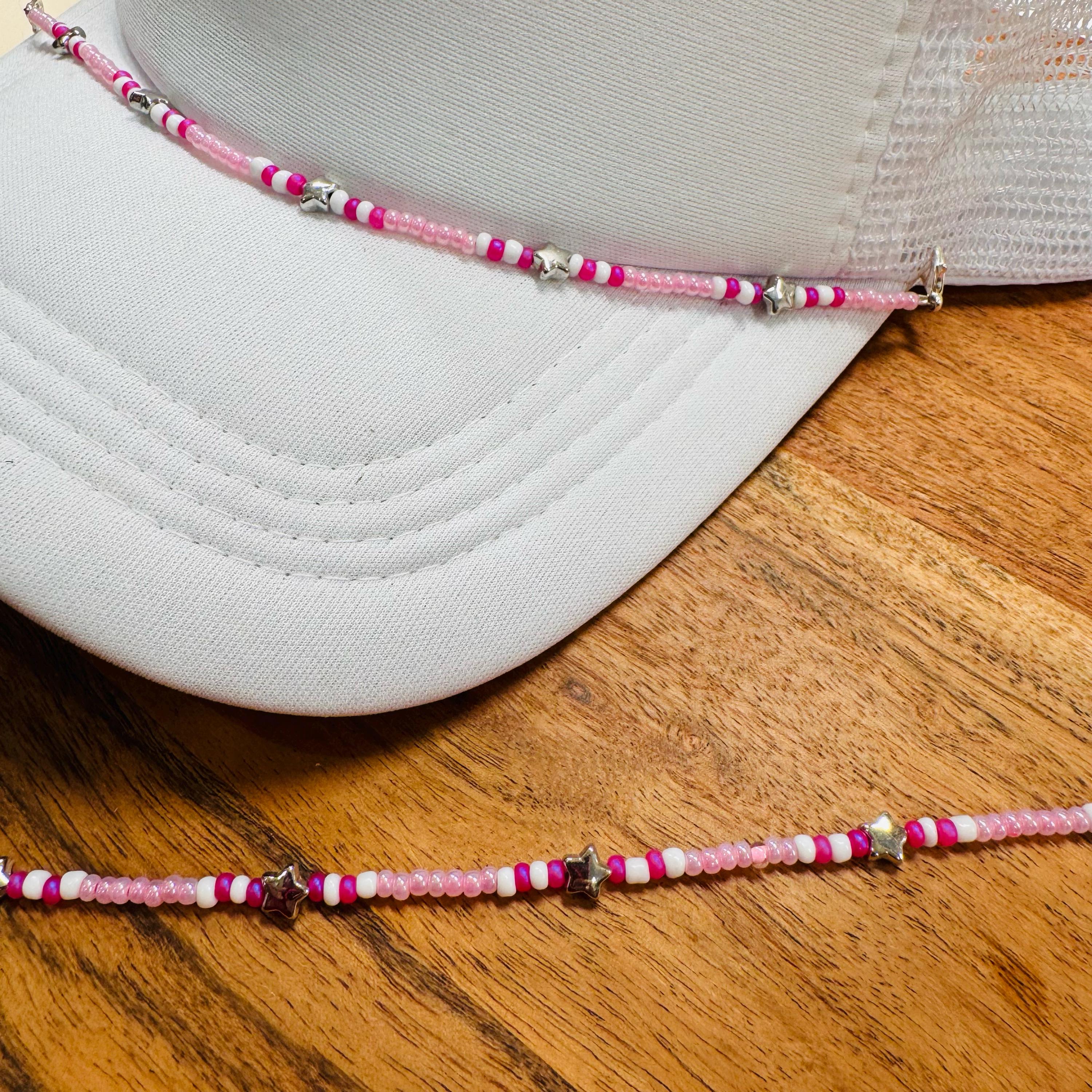 Pink White & Silver Stars Seed Bead Trucker Hat Chain Pink Hat Chain Western Trucker Hat Chain Decorate Your Own Trucker Hat