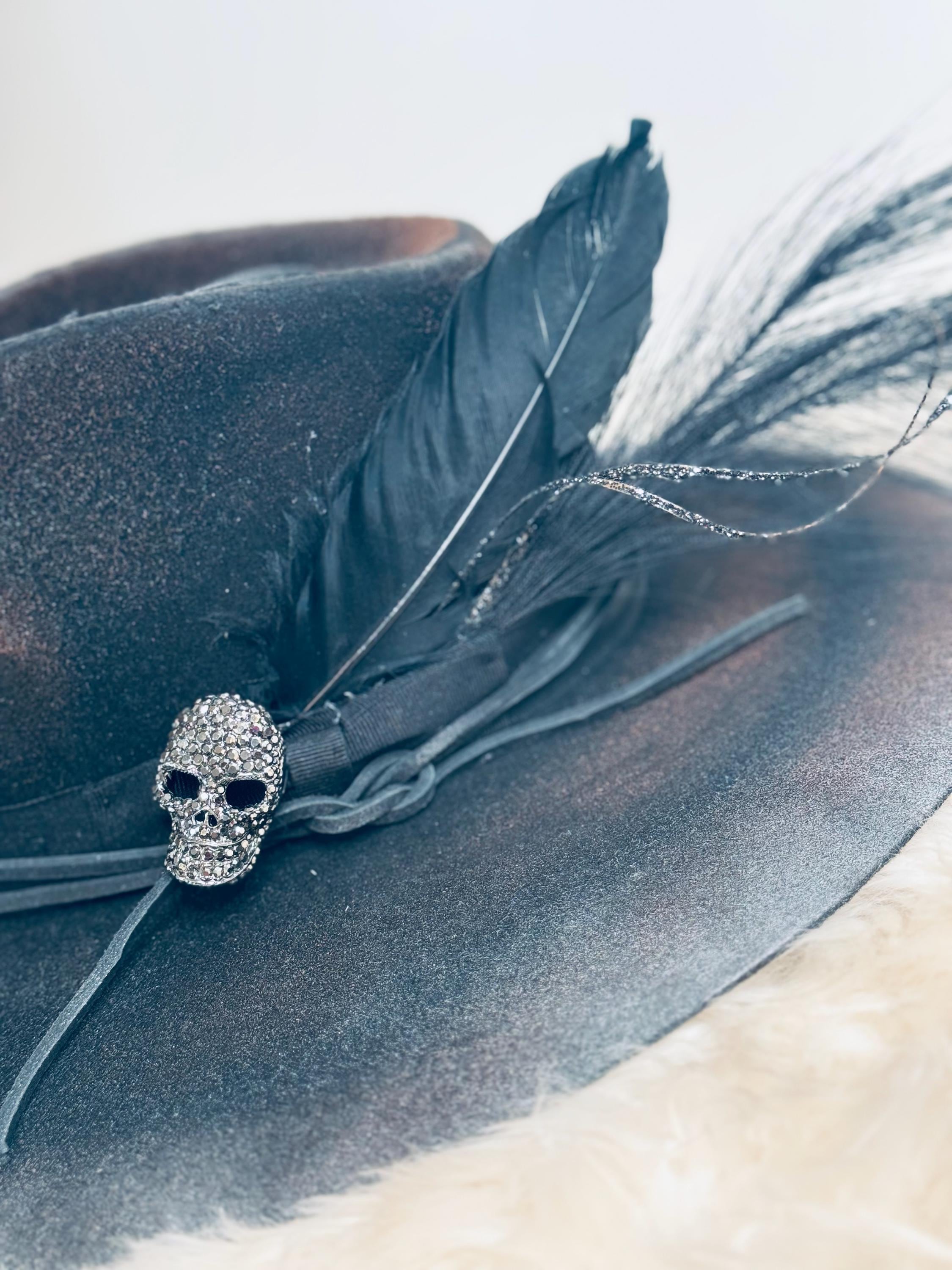 Custom Cowboy Hat "Dead End Highway" Fedora Style Cowgirl Hat Rhinestone Skull, Blacked Out Feathers & Accessories, Halloween Hat Goth