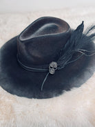 Custom Cowboy Hat "Dead End Highway" Fedora Style Cowgirl Hat Rhinestone Skull, Blacked Out Feathers & Accessories, Halloween Hat Goth