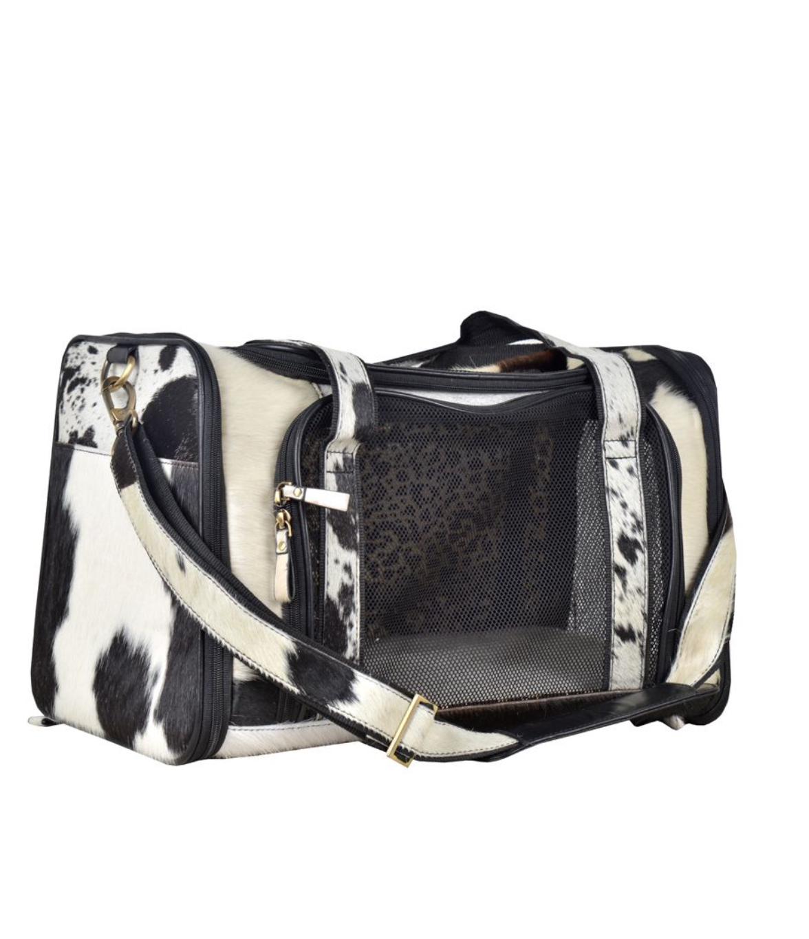 Custom Branded with your Pets Name or Farm Brand Black & White Cowhide Pet Carrier, Dog Carrier, Cat Carrier, Small Animal Carrier Pet Taxi