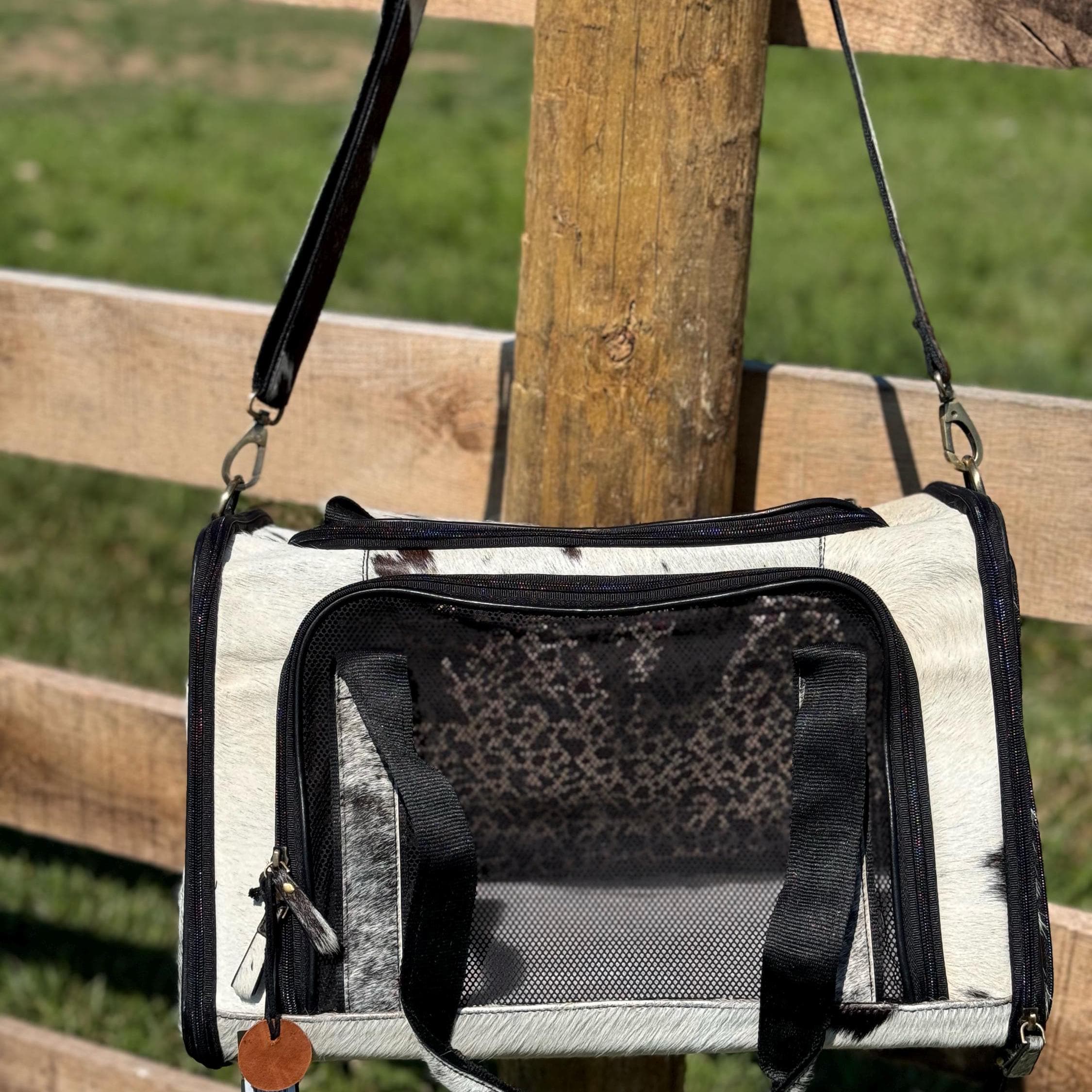Custom Branded with your Pets Name or Farm Brand Black & White Cowhide Pet Carrier, Dog Carrier, Cat Carrier, Small Animal Carrier Pet Taxi