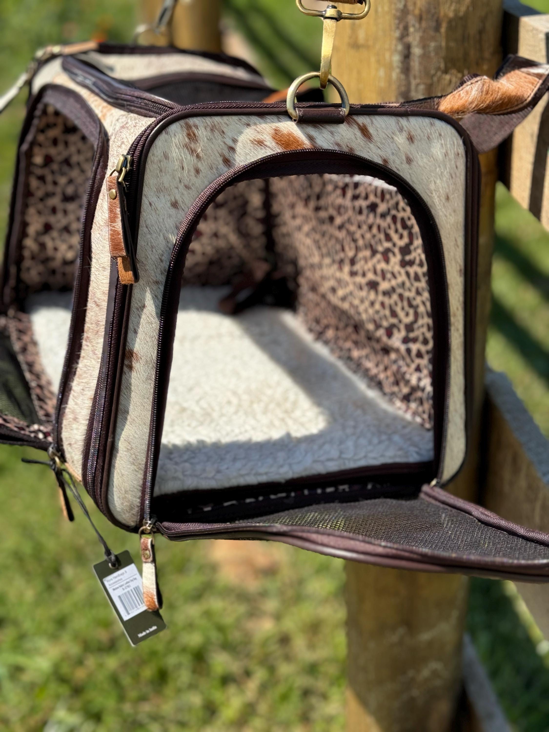 Custom Branded with your Pets Name or Farm Brand Brown & White Cowhide Pet Carrier, Dog Carrier, Cat Carrier, Small Animal Carrier Pet Taxi