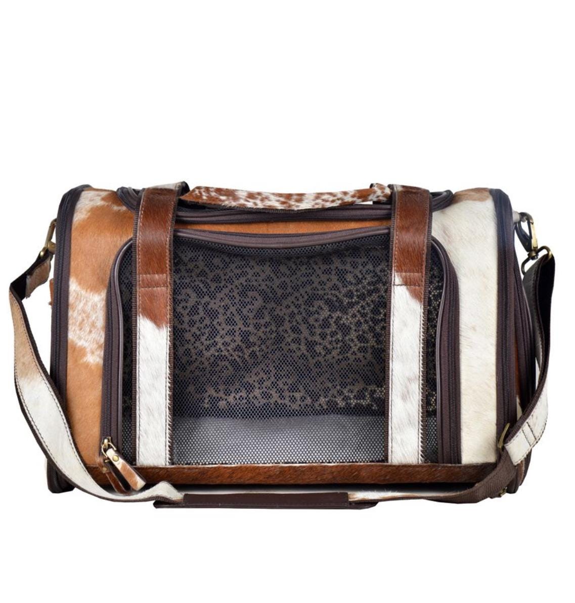 Custom Branded with your Pets Name or Farm Brand Brown & White Cowhide Pet Carrier, Dog Carrier, Cat Carrier, Small Animal Carrier Pet Taxi