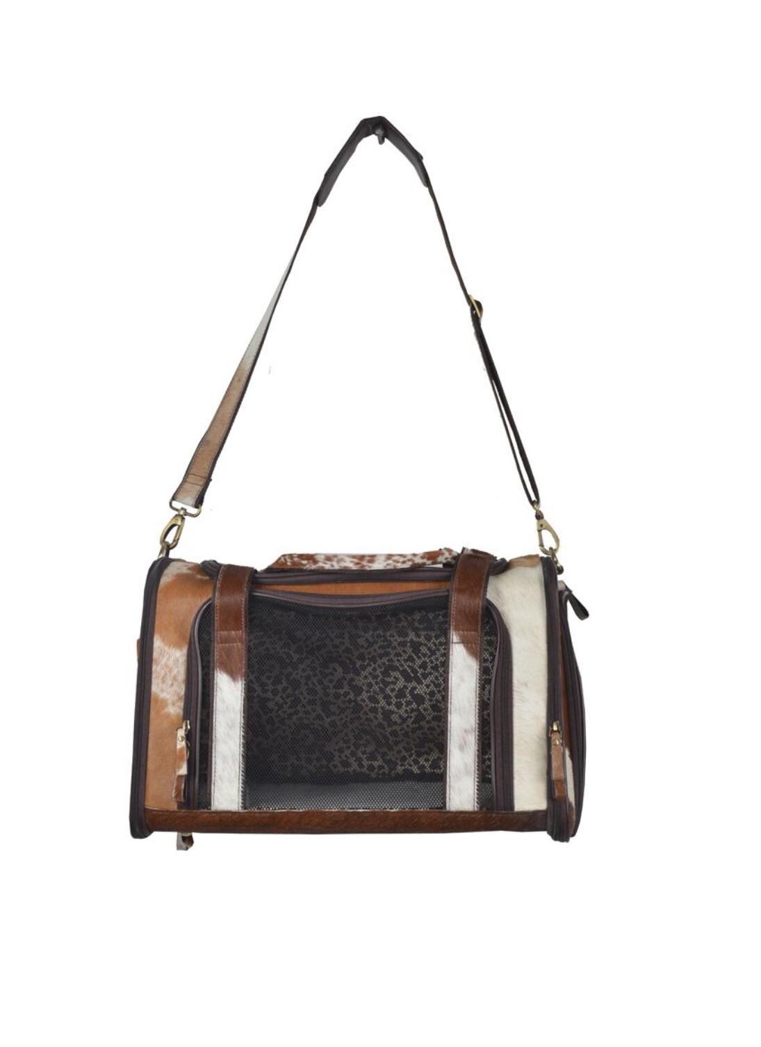 Custom Branded with your Pets Name or Farm Brand Brown & White Cowhide Pet Carrier, Dog Carrier, Cat Carrier, Small Animal Carrier Pet Taxi