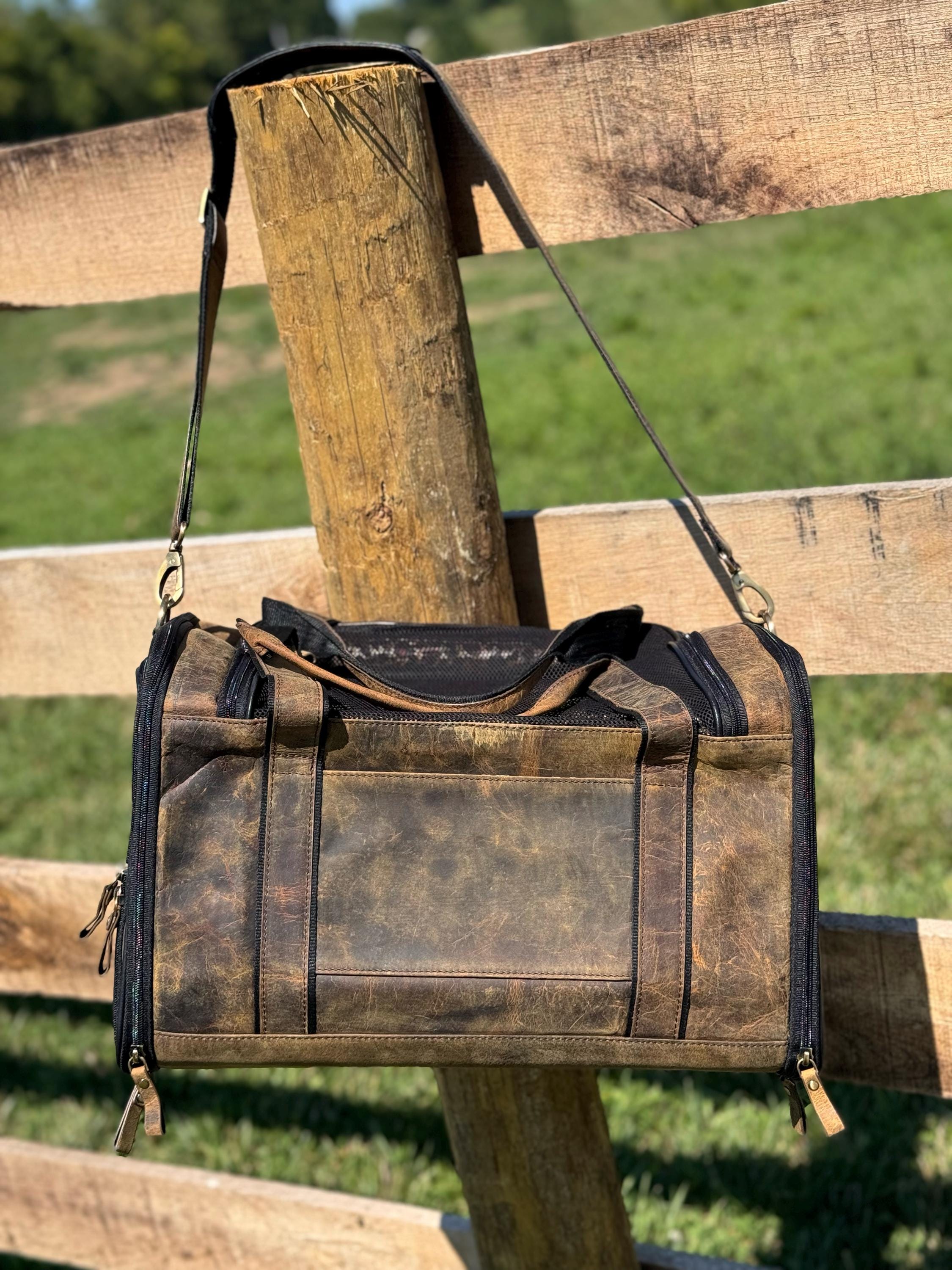 Custom Branded with your Pets Name or Farm Brand Brown Leather Pet Carrier, Dog Carrier, Cat Carrier, Small Animal Carrier Pet Taxi