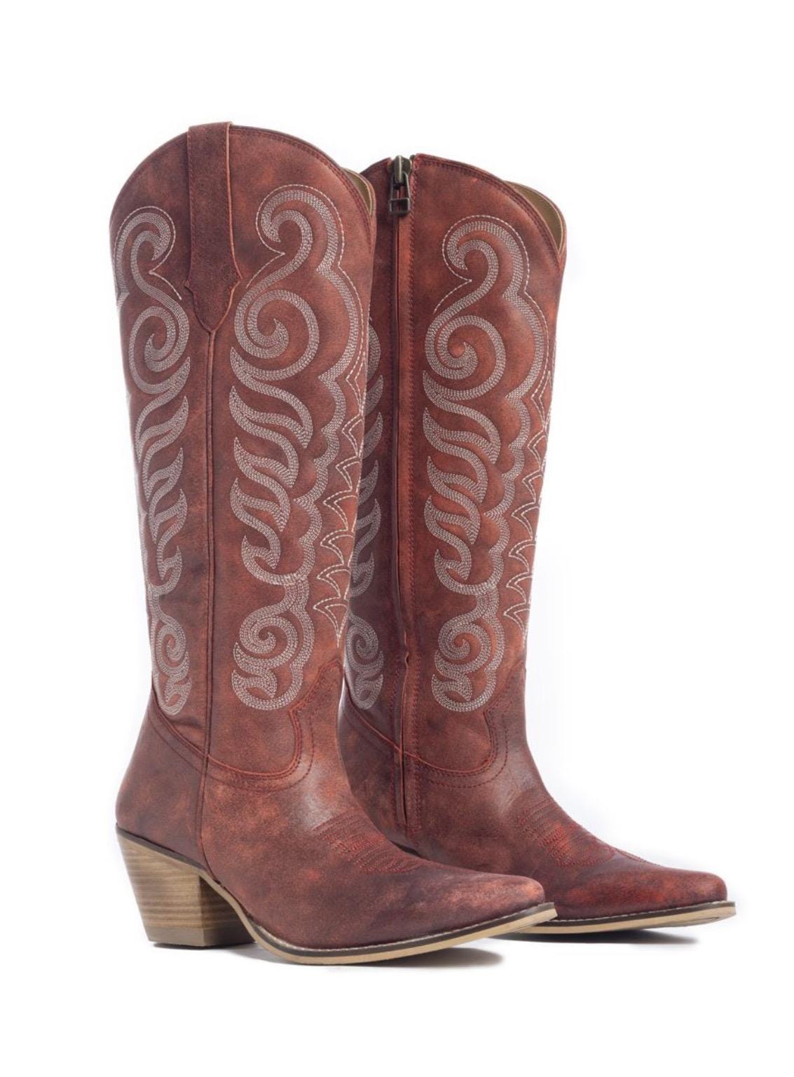 Traditional Western Flame stitched Leather Boots Black Red Turquoise Brown & Pink Cowgirl Boots