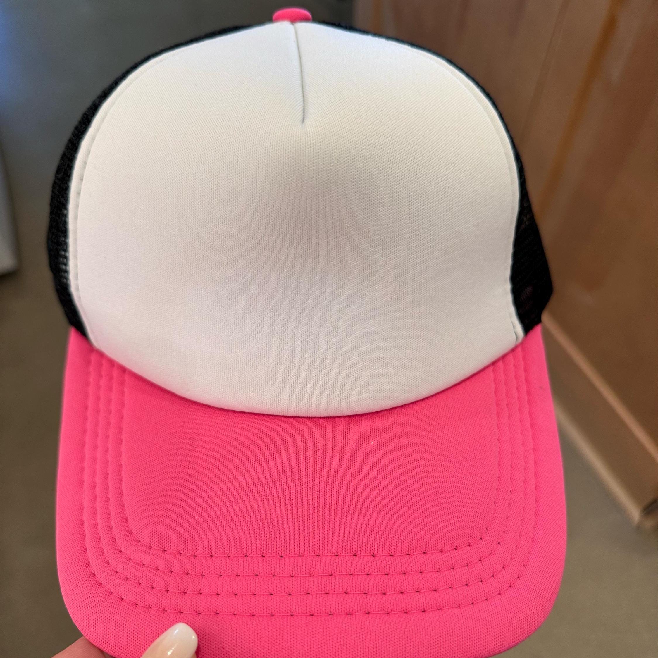 Blank Trucker Hat, DIY Hat for Patches, Hot Pink, Black & White Foam Trucker Hat, Mesh Back, Snap Back Hat Cap