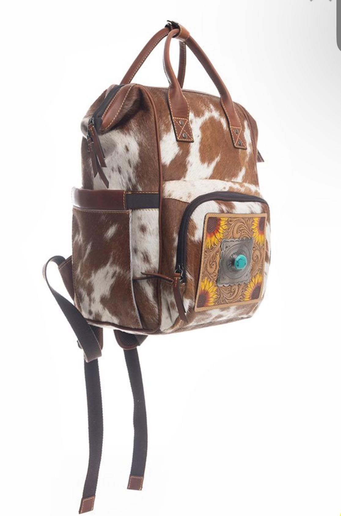 Sunflower Turquoise & Tooled Leather Cowhide Western Style Diaper Bag, Backpack Diaper Bag, Large Diaper Bag, New Mom Gift, Baby Shower Gift