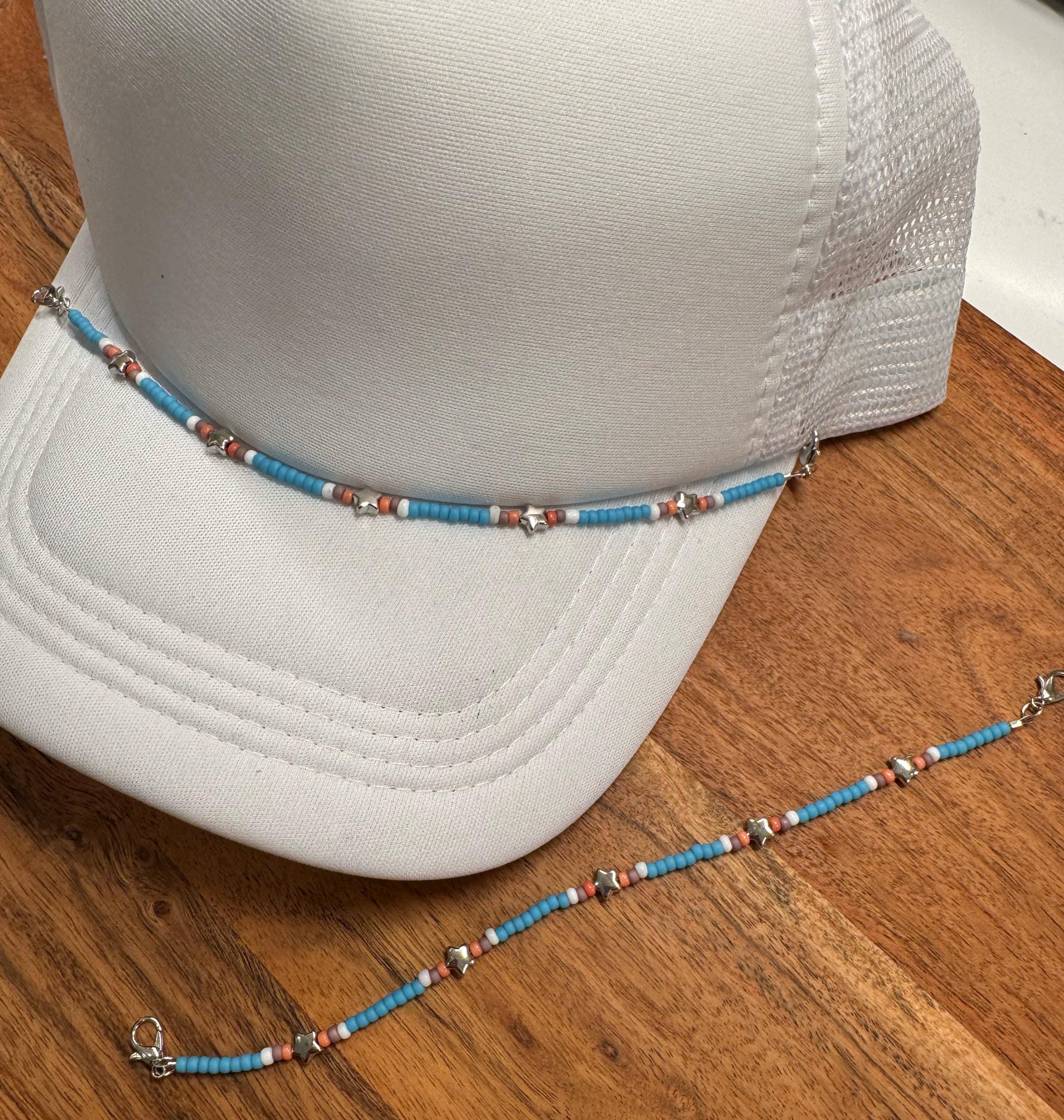 Coral & Turquoise with Silver Stars Seed Bead Trucker Hat Chain Pink Hat Chain Western Trucker Hat Chain Decorate Your Own Trucker Hat