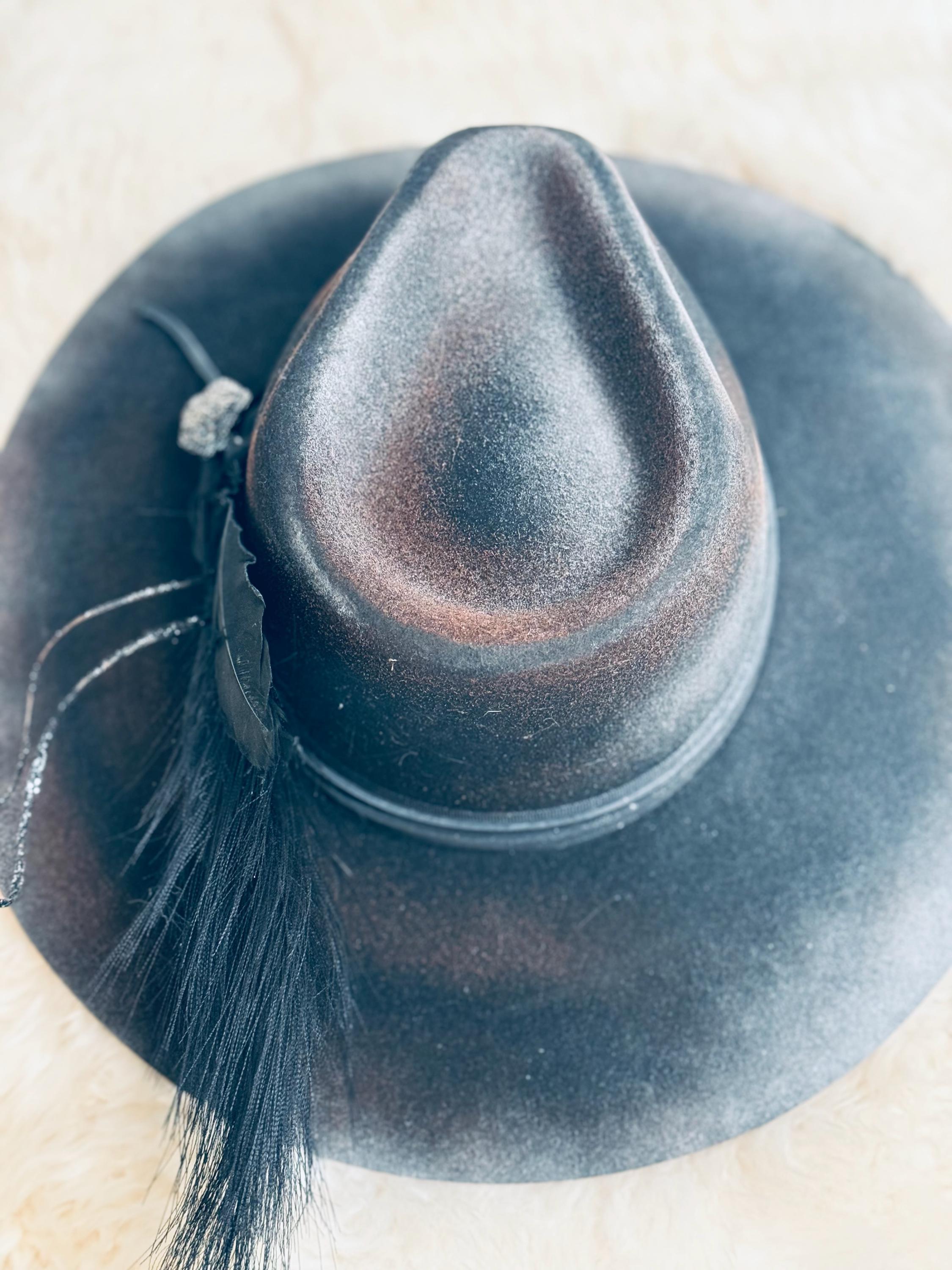 Custom Cowboy Hat "Dead End Highway" Fedora Style Cowgirl Hat Rhinestone Skull, Blacked Out Feathers & Accessories, Halloween Hat Goth