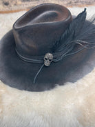 Custom Cowboy Hat "Dead End Highway" Fedora Style Cowgirl Hat Rhinestone Skull, Blacked Out Feathers & Accessories, Halloween Hat Goth