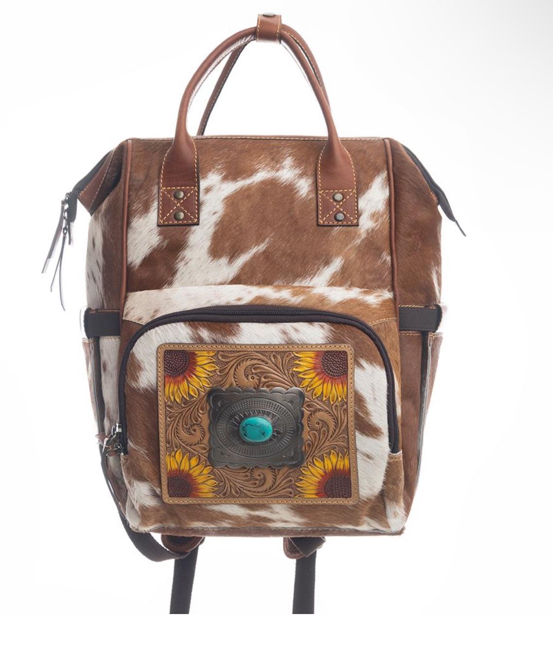 Sunflower Turquoise & Tooled Leather Cowhide Western Style Diaper Bag, Backpack Diaper Bag, Large Diaper Bag, New Mom Gift, Baby Shower Gift