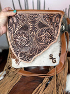 Custom Branded Cowhide tooled Leather Western Turquoise Round Crossbody Purse Initials Monogram Farm or Cow Brand