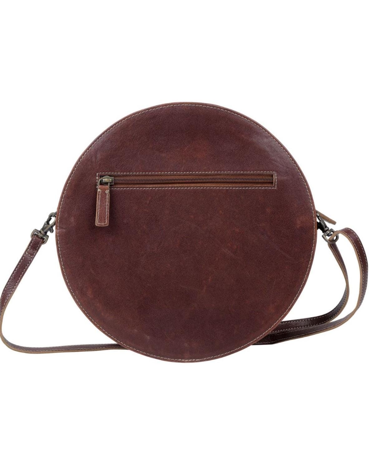 Customizable Cowhide tooled Leather Western Round Crossbody Purse Initials Monogram Farm or Cow Brand Canteen Purse Tooled Leather Bag