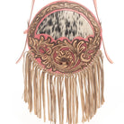 Custom Branded Cowhide & Pink Tooled Leather Western Round Canteen Style Crossbody Purse We add your farm brand, initials or logo!