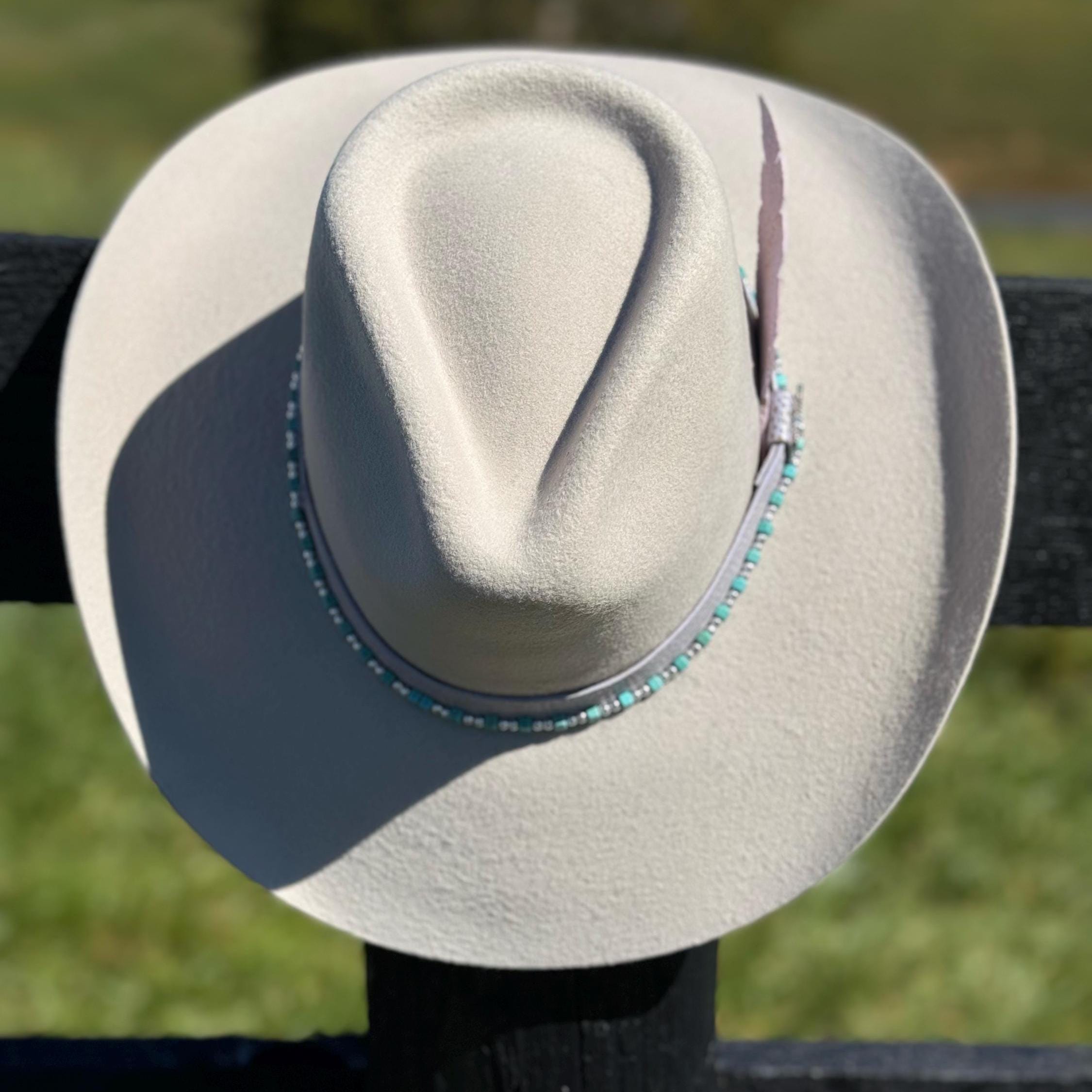 Western Fedora style Premium Wool Hat in Lavender/Purple with Turquoise & Silver Bead and Leather Hat Band Painted Leather Feather Cowgirl