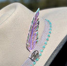 Western Fedora style Premium Wool Hat in Lavender/Purple with Turquoise & Silver Bead and Leather Hat Band Painted Leather Feather Cowgirl