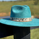 Western Fedora Flat Brim Faux Felt Hat in Turquoise with Snakskin & Leather Hat Band Beaded Feathers and Concho Cowgirl Hat