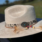 Western Fedora Flat Brim Faux Felt Hat in Buckskin with Snake skin & Leather Hat Band Beaded Feathers and Concho Cowgirl Hat