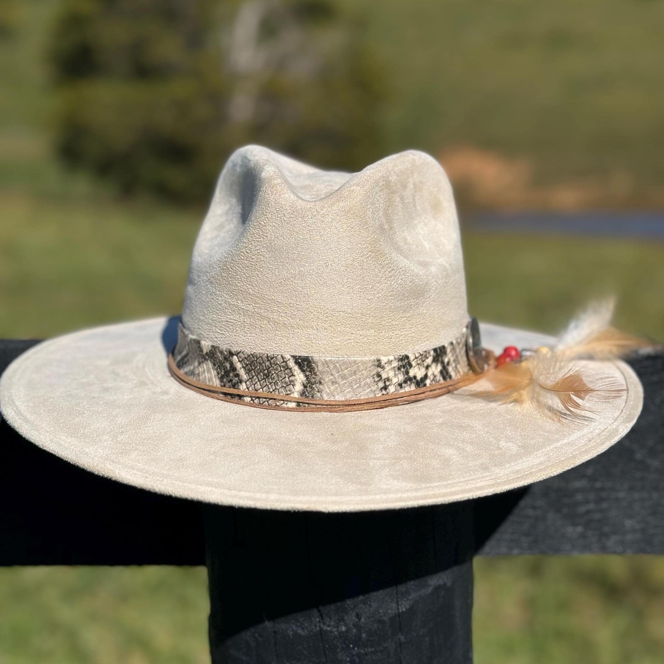Western Fedora Flat Brim Faux Felt Hat in Buckskin with Snake skin & Leather Hat Band Beaded Feathers and Concho Cowgirl Hat