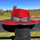 Western Flat Brim Fedora Style Cowgirl Hat Premium Wool in Distressed Burned Red Grosgrain Band and Stitching