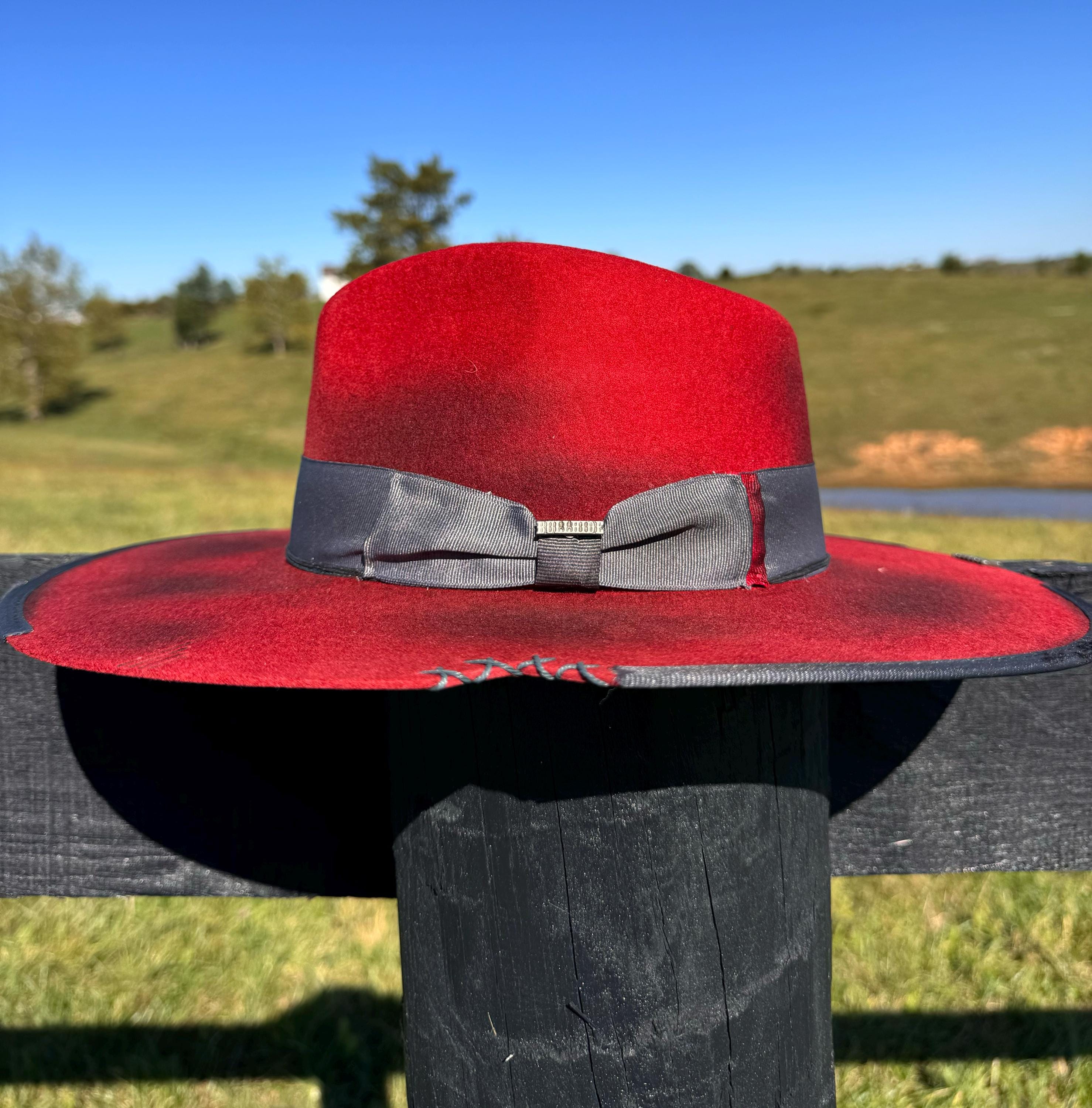 Western Flat Brim Fedora Style Cowgirl Hat Premium Wool in Distressed Burned Red Grosgrain Band and Stitching