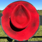 Western Flat Brim Fedora Style Cowgirl Hat Premium Wool in Distressed Burned Red Grosgrain Band and Stitching