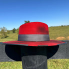 Western Flat Brim Fedora Style Cowgirl Hat Premium Wool in Distressed Burned Red Grosgrain Band and Stitching