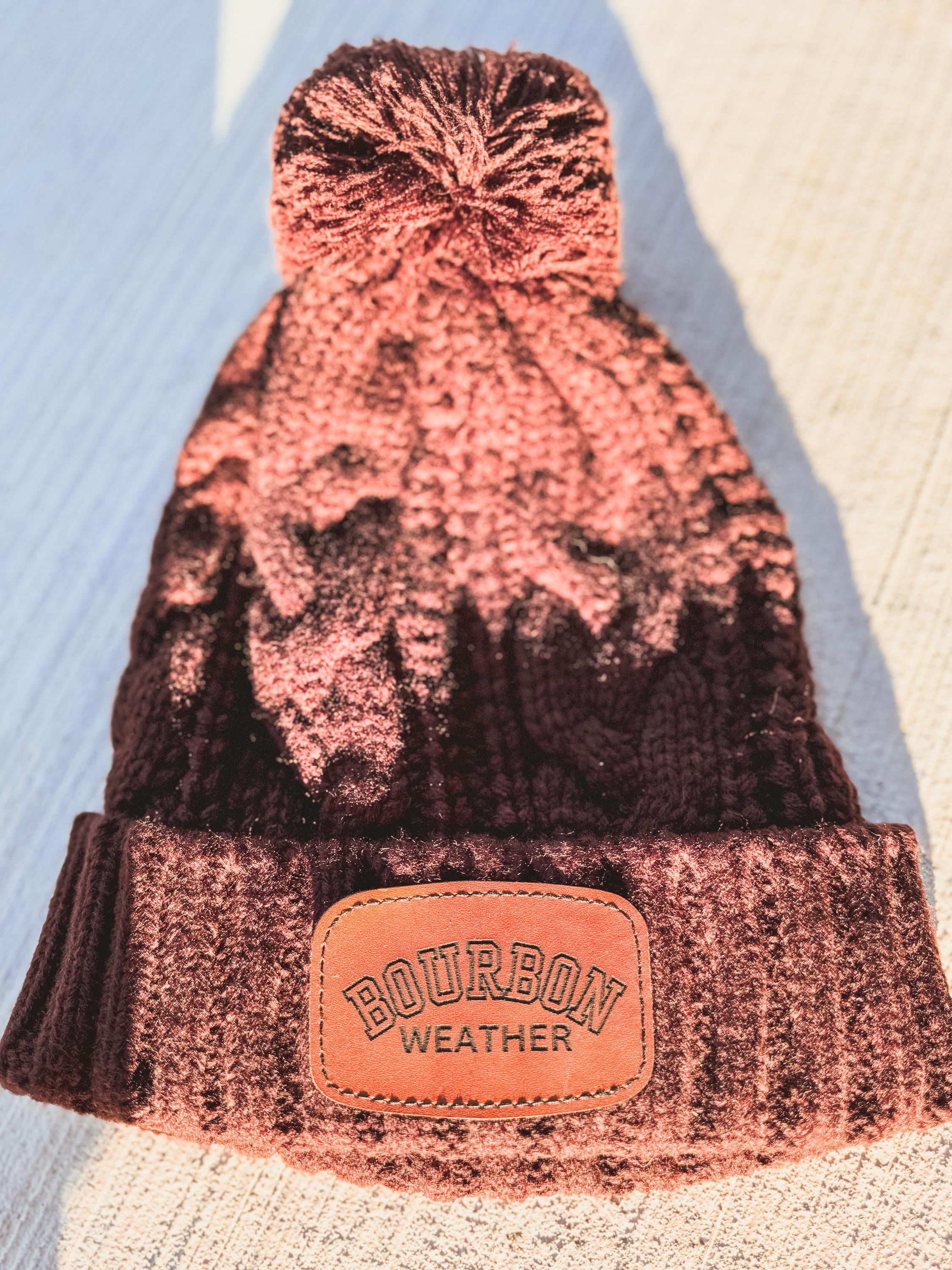 Bourbon Weather Brown Cable Knit with Pom Toboggan Beanie Leather Patch Hat Bourbon Lover Kentucky Bourbon