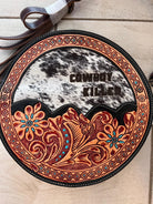 Custom Branded Cowhide & Pink Tooled Leather Western Round Canteen Style Crossbody Purse We add your farm brand, initials or logo!