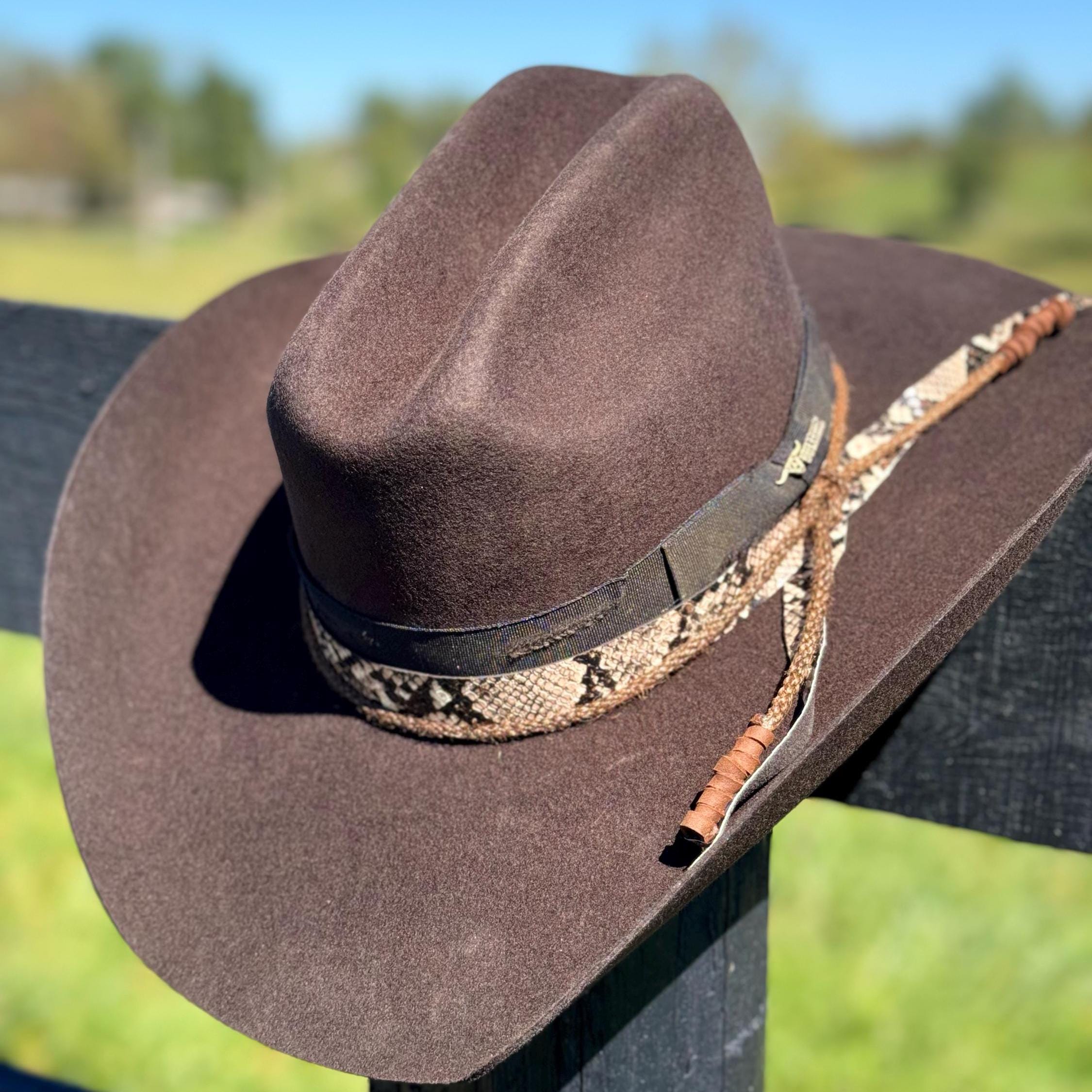 Western Cattleman style Premium Wool Hat in Chocolate Leather cording with Snakeskin Hat Band Decorated Cowboy Hat Cowgirl Hat
